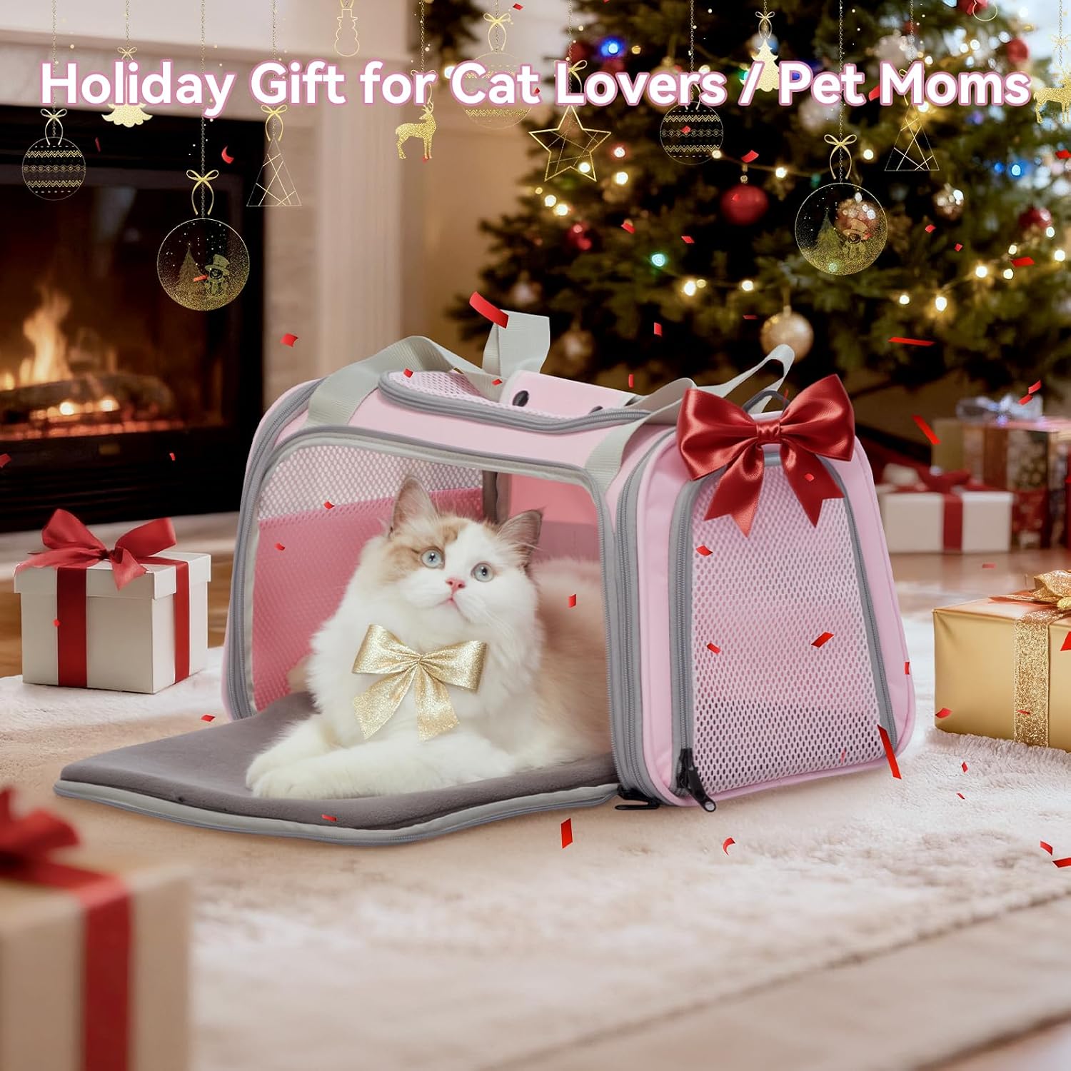 Petsfit Cat Carrier, 17.5×10.5×10.5 in, Pink | Escape-Proof Design with Locking Zippers & Safety Leash, Easy-Access 3-Way Entry, Washable Mat up to 12 lb - Image 7