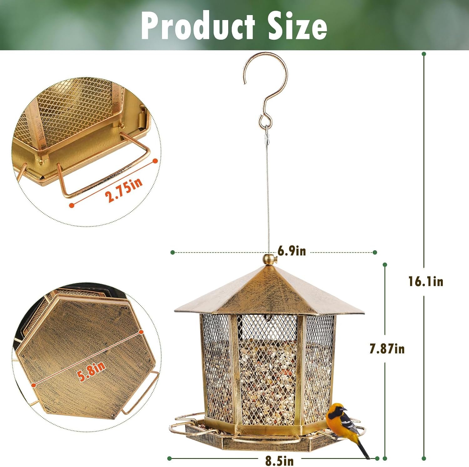 Hexagonal Gazebo Bird Feeders, Weatherproof Wild Bird Feeder for Outdoor | Unique Pavilion Style Metal Bird Feeder for Outside Hanging Garden Patio Backyard Lawn Decor - Image 2