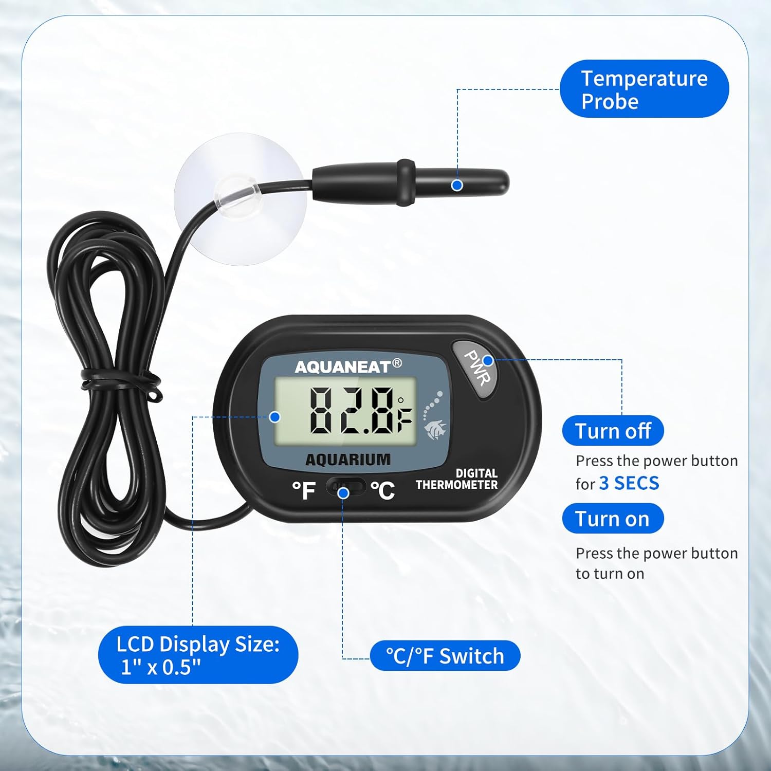 AQUANEAT Aquarium Thermometer, Fish Tank Thermometer, Digital Temperature Test, with Large LCD Display (1 Pack) - Image 3
