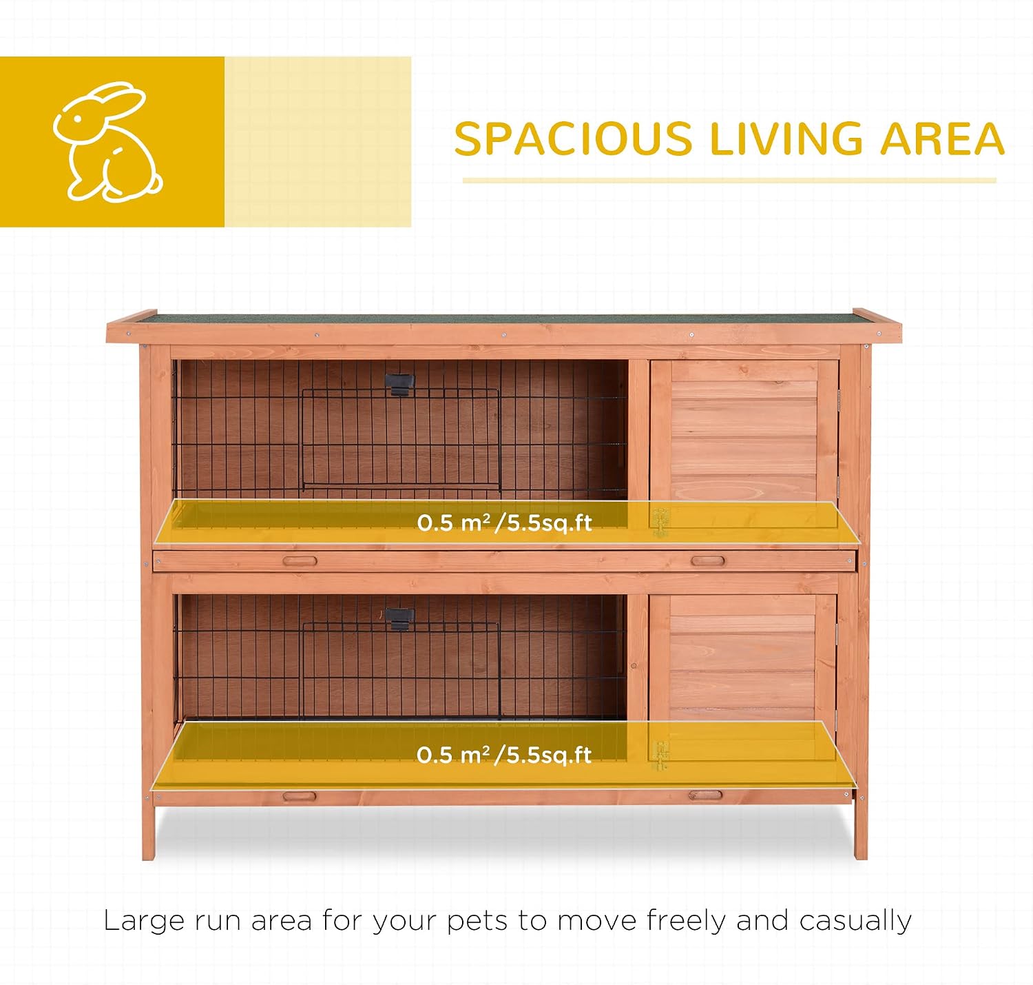 PawHut 54" 2-Story Large Rabbit Hutch Bunny Cage Wooden Pet House Small Animal Habitat with Lockable Doors, No Leak Tray and waterproof Roof for Outdoor/Indoor Orange - Image 3