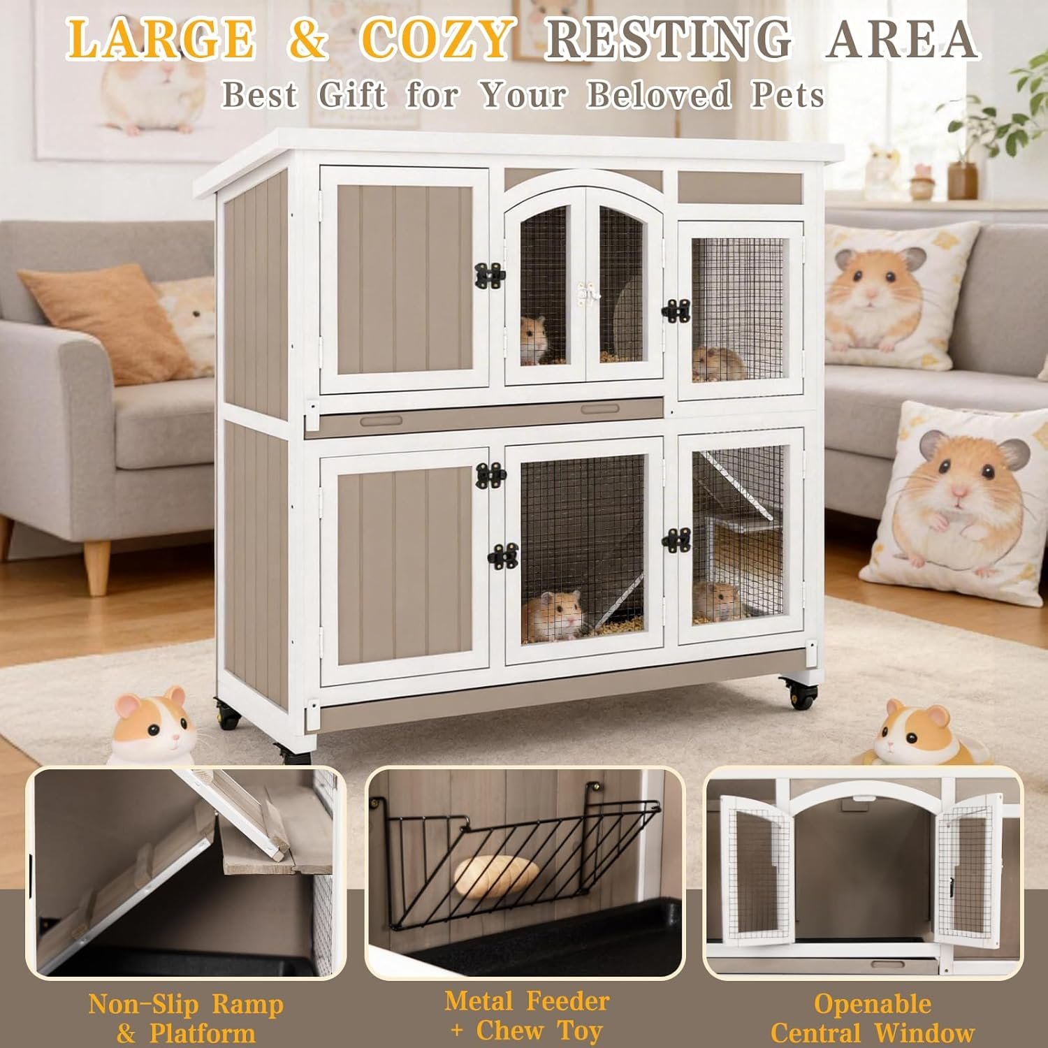 Gowoodhut 47" L Large Guinea Pig Cage Indoor with Wheels, 2-Story Wooden Hutch with 2 Deep Pull-Out Trays, Anti-Chew Ramps & Hideout for Hamsters, Ferrets & Rabbits, Grey, Easy-Clean Small Pet Home - Image 5