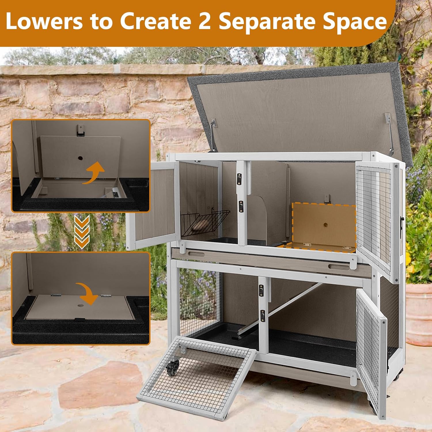 2 Story Rabbit Hutch Indoor & Outdoor, Wooden Rabbit Cage with 2 Leak-Proof Pull-Out Trays, 4 Wheels, Ramp, Chew-Anti Metal Strip for Rabbit, Guinea Pig, Hamster (36" L x 17.8" W x 36.7" H) - Image 7
