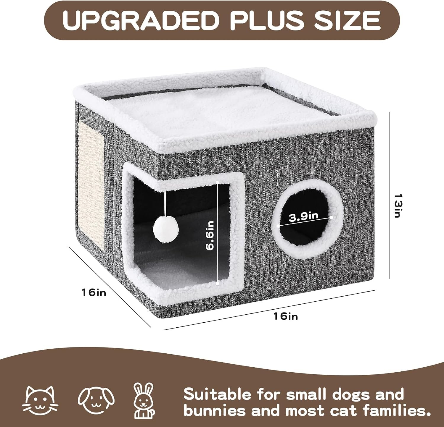 Large Cat Houses for Indoor Cats with Fluffy Ball and Scratch Pad | Foldable Cat Bed Cave for Multiple Pets, Kitten Bed for All Seasons, Non-slip, Hold Up to 30LBS, 16x16x13inch, Grey - Image 5