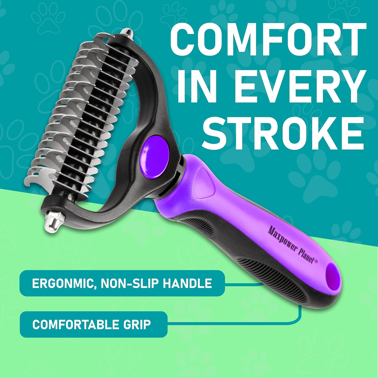Maxpower Planet Pet Grooming Brush - Double Sided, Extra Wide for Dogs and Cats - Dematting Undercoat Rake, Reduces Shedding by 95%, Purple - Image 8