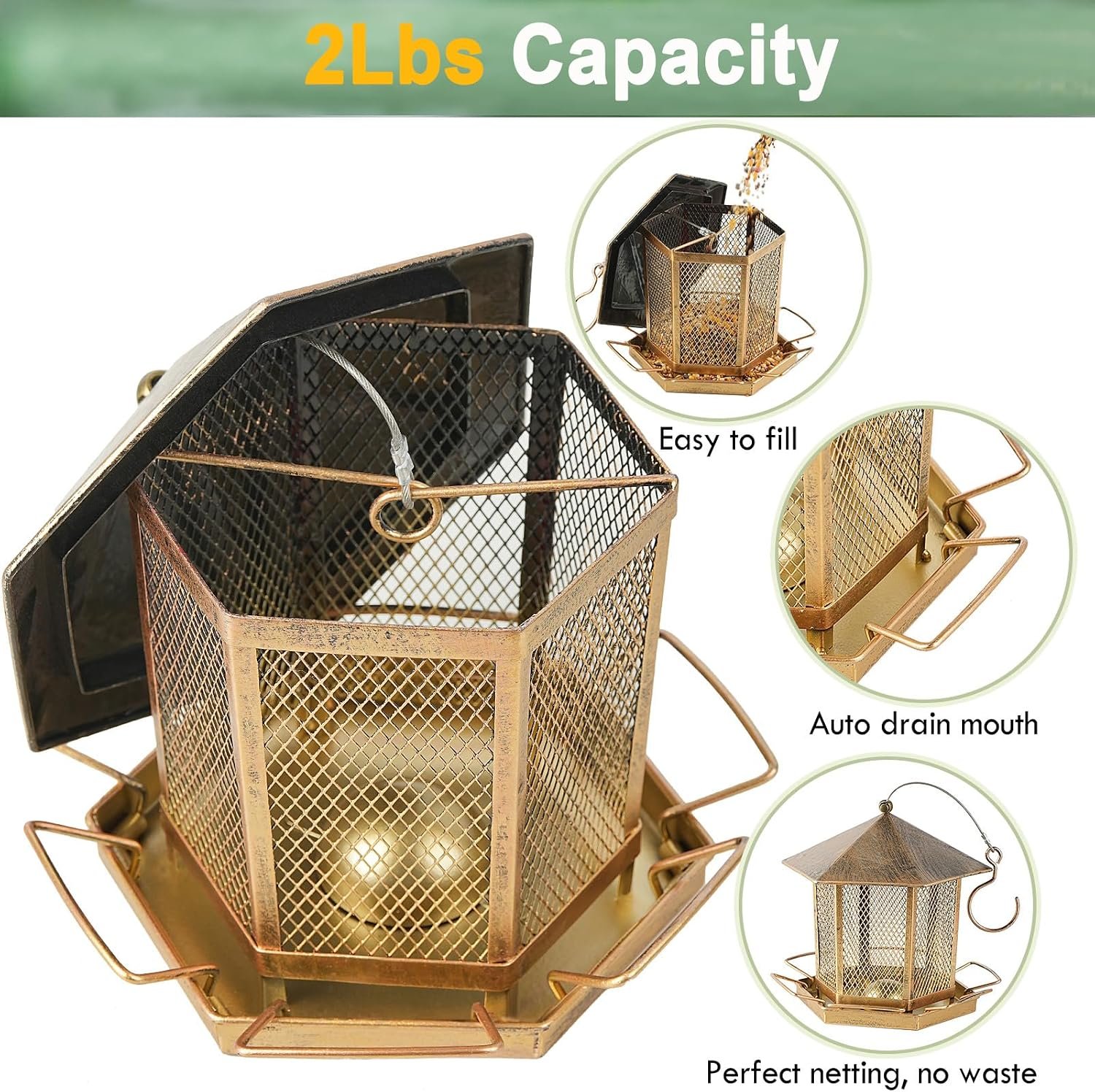 Hexagonal Gazebo Bird Feeders, Weatherproof Wild Bird Feeder for Outdoor | Unique Pavilion Style Metal Bird Feeder for Outside Hanging Garden Patio Backyard Lawn Decor - Image 3