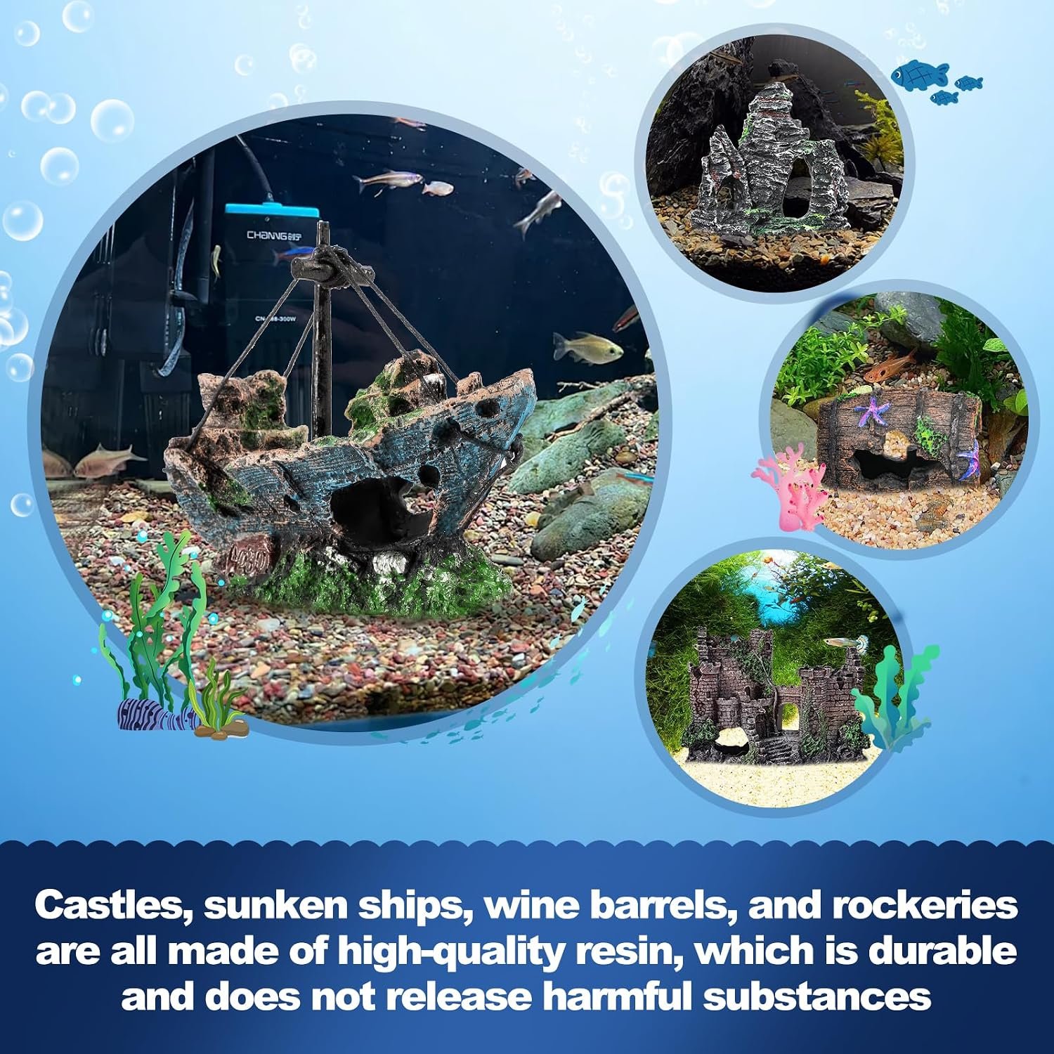 CousDUoBe 14 Pcs Aquarium Decorations Large Kit,Castle Fish Tank Bubbler Decorations,Starfish Barrel, Resin Cave Rock,Resin Material Sunken Ship,Aquarium Plants Large Fish Bowl Ornaments - Image 5