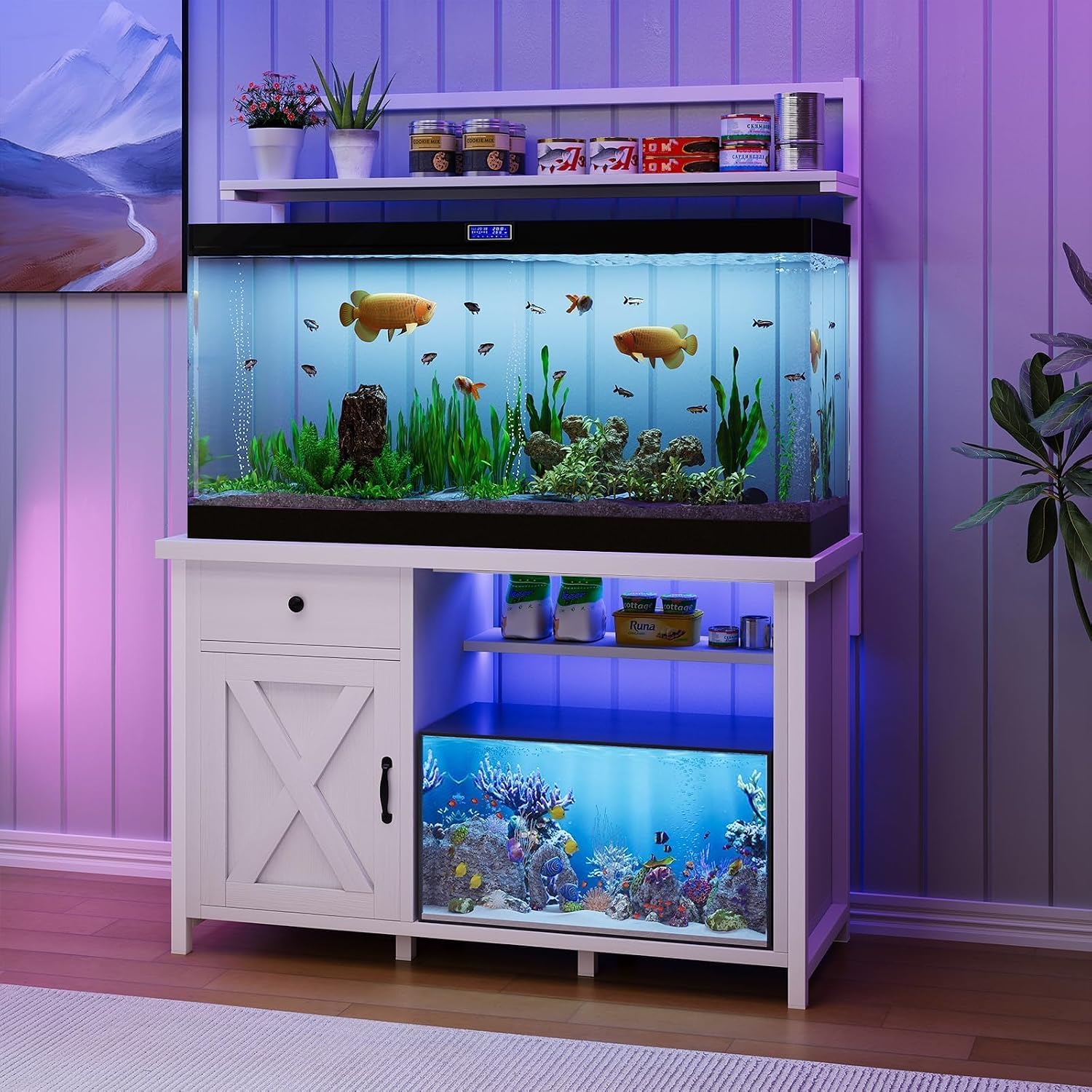55-75 Gallon Fish Tank Stand with Power Outlet, Led Light, Heavy Duty Aquarium Stand with Cabinet for Fish Tank Accessories Storage, Shelf, for Turtle Tank, Reptile Terrarium, 1100 LBS (White) - Image 7
