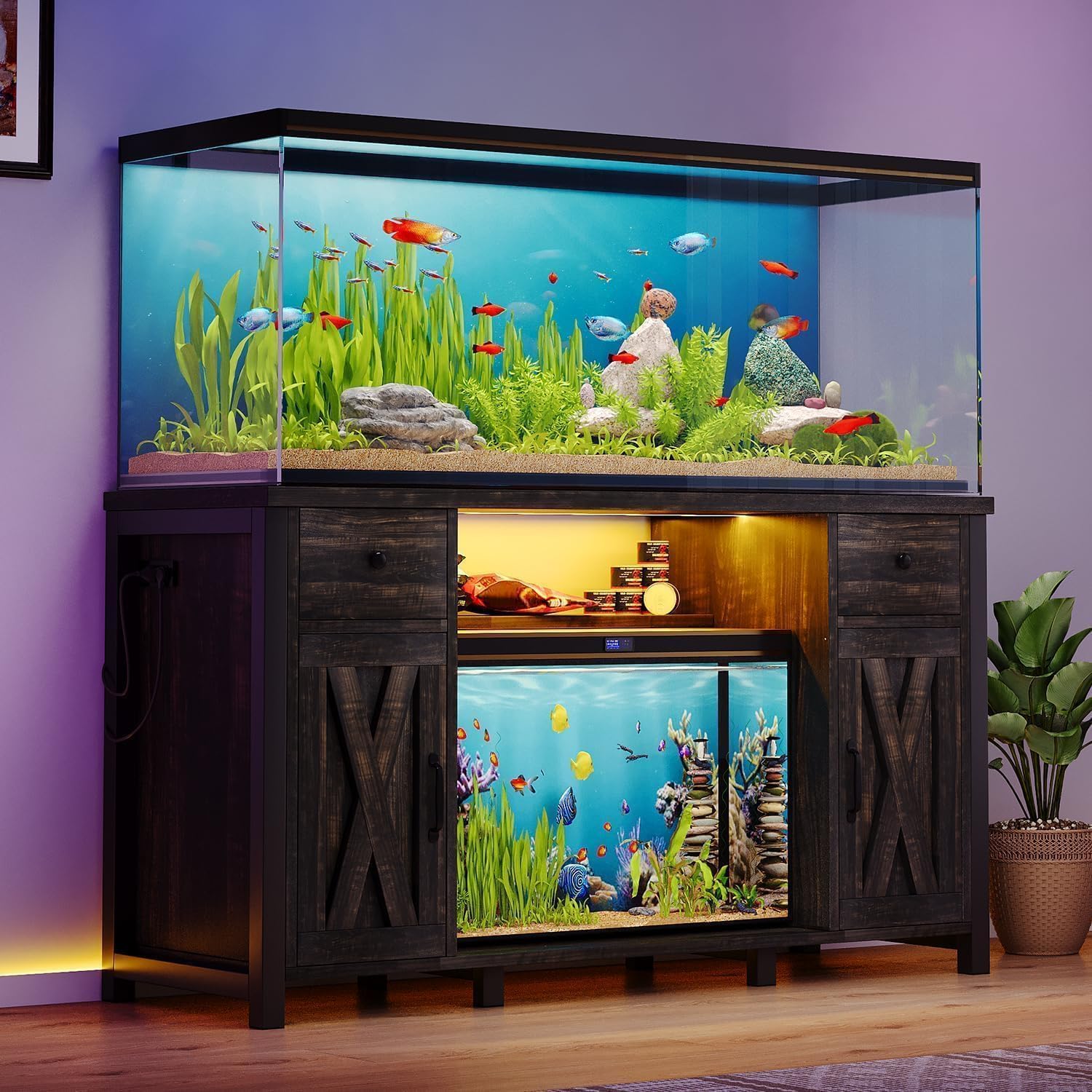 4ever2buy 55-75 Gallon Fish Tank Stand with Power Outlet & LED Lights, Heavy Duty Aquarium Stand with Storage Drawers & Barn Doors, Reptile Tank Cabinet for Turtle, Reptile Terrarium, Dark Oak - Image 7