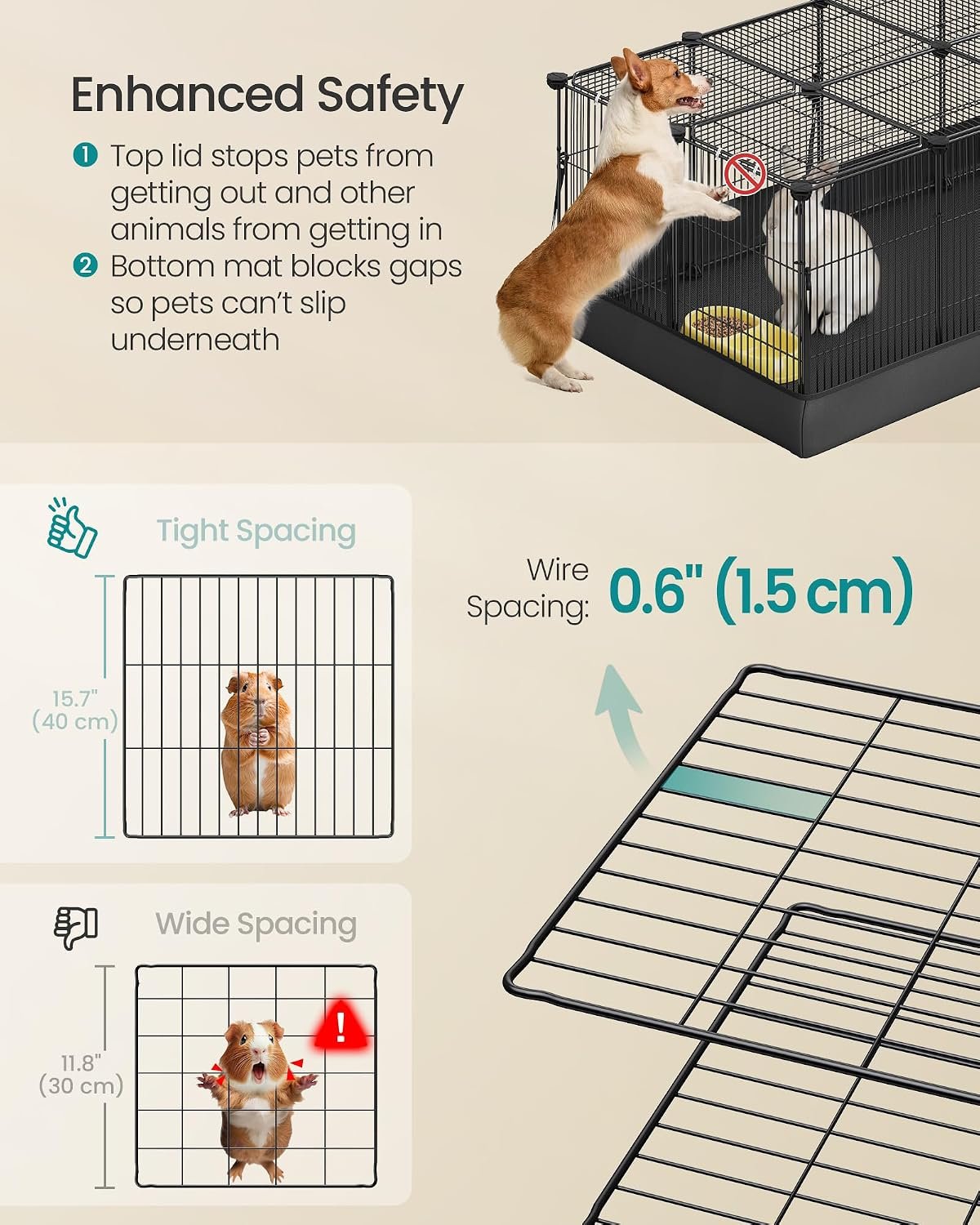 SONGMICS Guinea Pig Cage, Rabbit Cage, Small Animal Playpen with Waterproof Mat, Top and Side Door, 20 Panels, 48.4 x 24.8 x 16.3 Inches, Ink Black ULPI012BH01 - Image 4