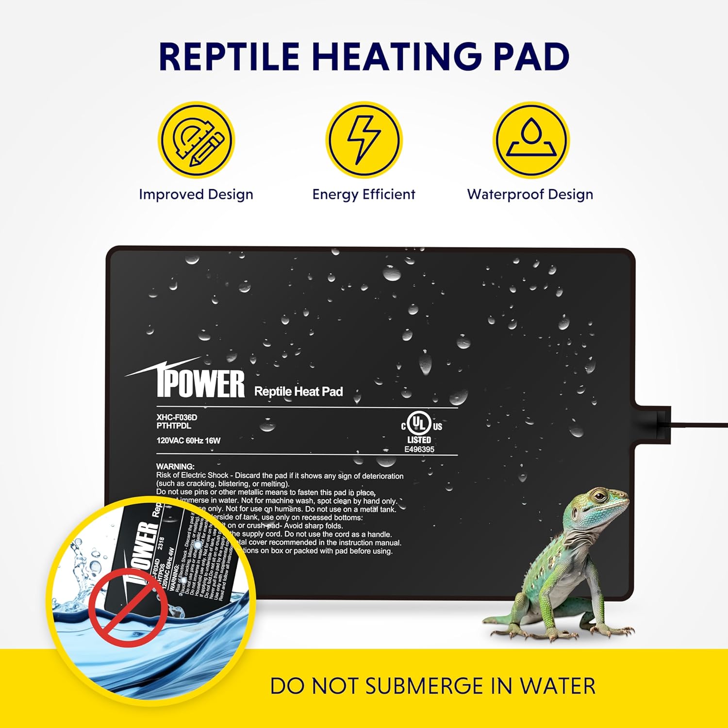 iPower 8X12 Inch Reptile Heat Pad Under Tank Heater Terrarium Warmer Heating Mat for Turtles Lizards Frogs and Other Small Animals - Image 2