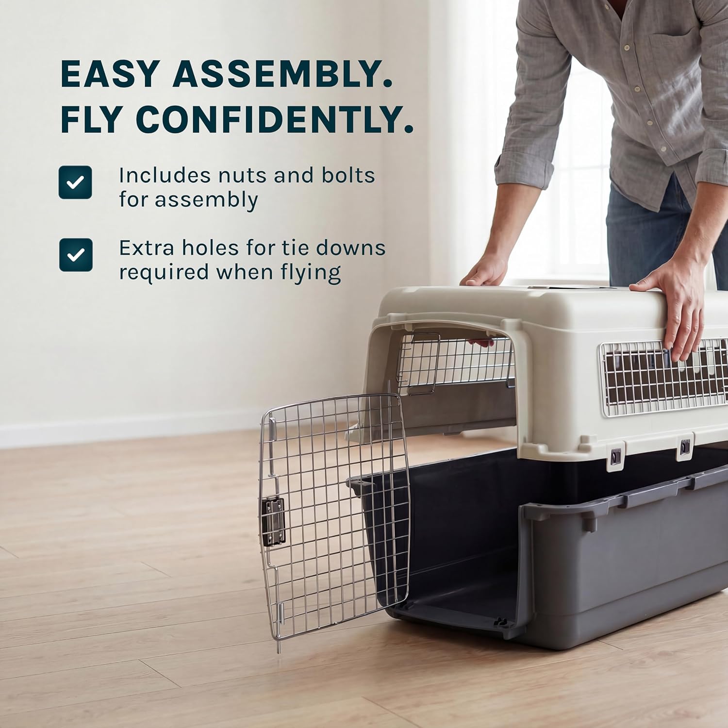 SportPet Airline Compliant Small 24" Travel Dog Kennel - Durable Plastic Airline Pet Carrier (No Wheels) & Food Bowls, Collapsible Indoor/Outdoor Dog Kennel, Dogs up to 21" L & 13" H - Dark Gray - Image 8