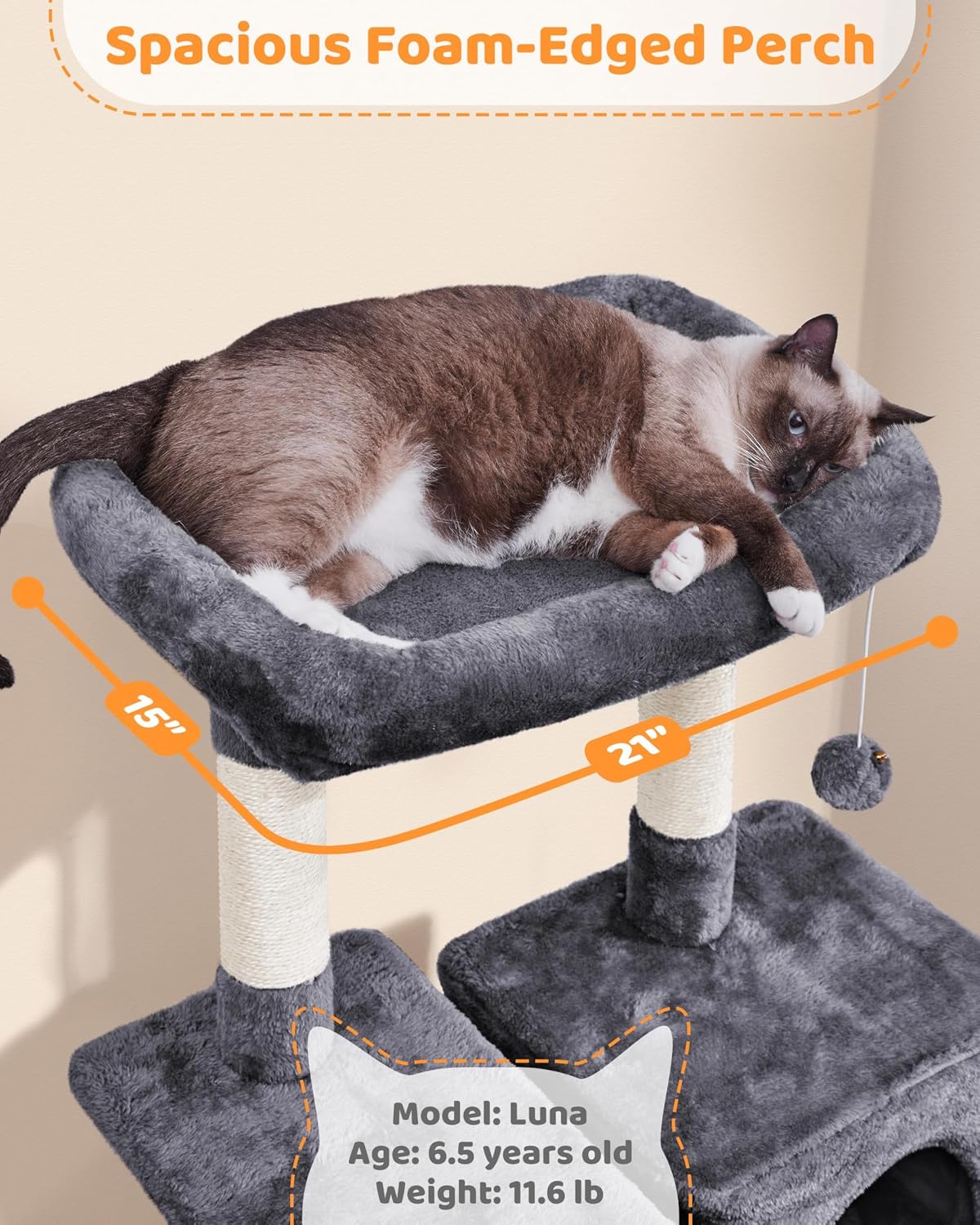 Yaheetech 63in Large Cat Tree for Heavy Cats up to 22lbs, Anti-Wobble Tower with Condo & Hammock, Space-Saving for Indoor Multi-Pet Households, Stops Furniture Scratching - Image 5