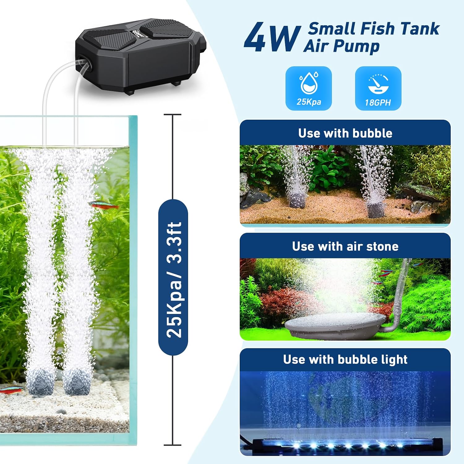 hygger Aquarium Air Pump, Ultra Quiet Oxygen Aerator with Air Stone Airline Tubing Check Valve, Aquarium Fish Tank Air Bubbler for 3 to 79 Gallon Tank and Bucket - Image 6