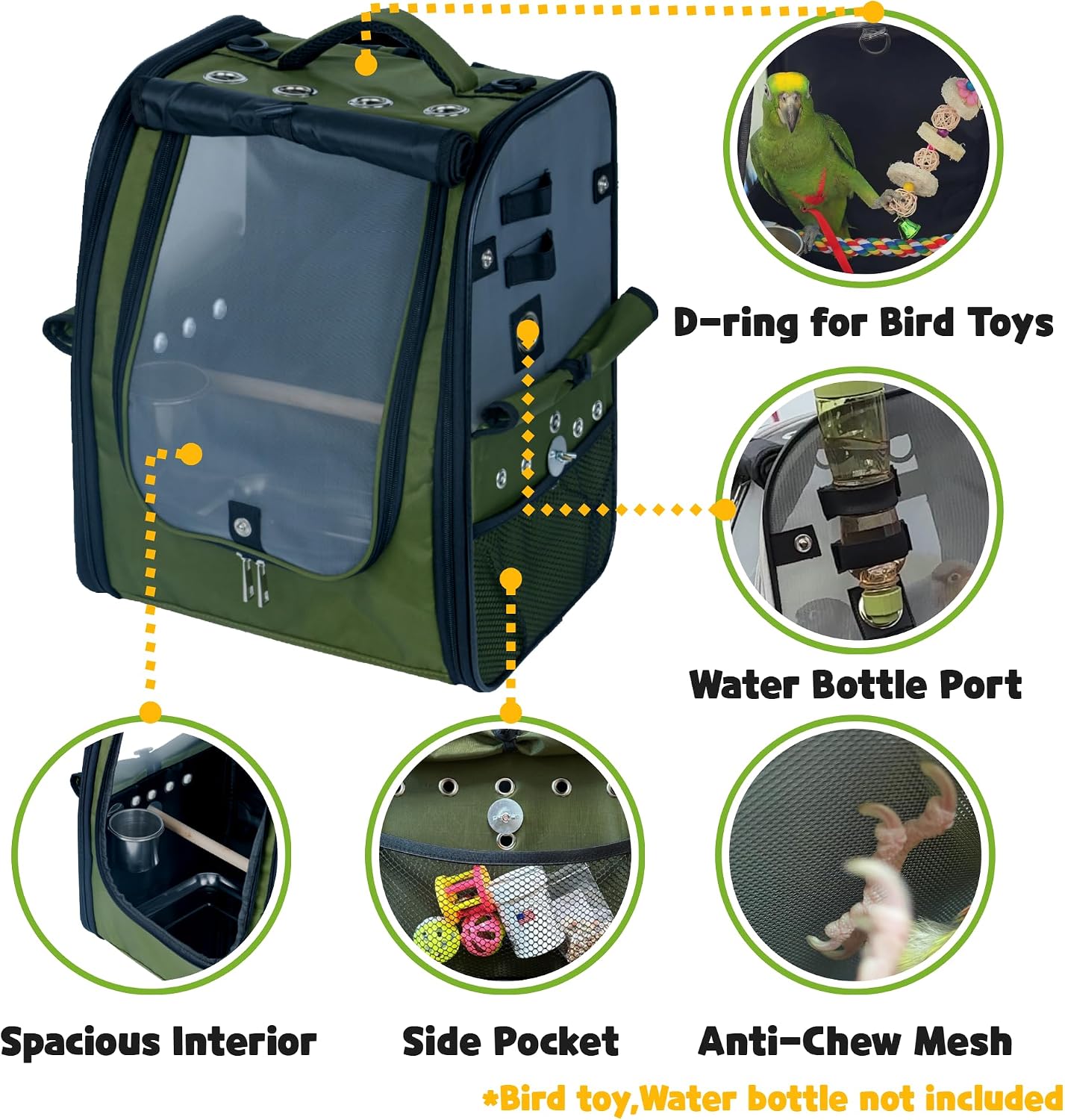 Birds Day Bird Carrier Backpack - Breathable Mesh Portable Parrot Travel Cage with 2PCS Perch, Food Bowl, and Stainless Steel Tray (Dark Olive Green) - Image 6