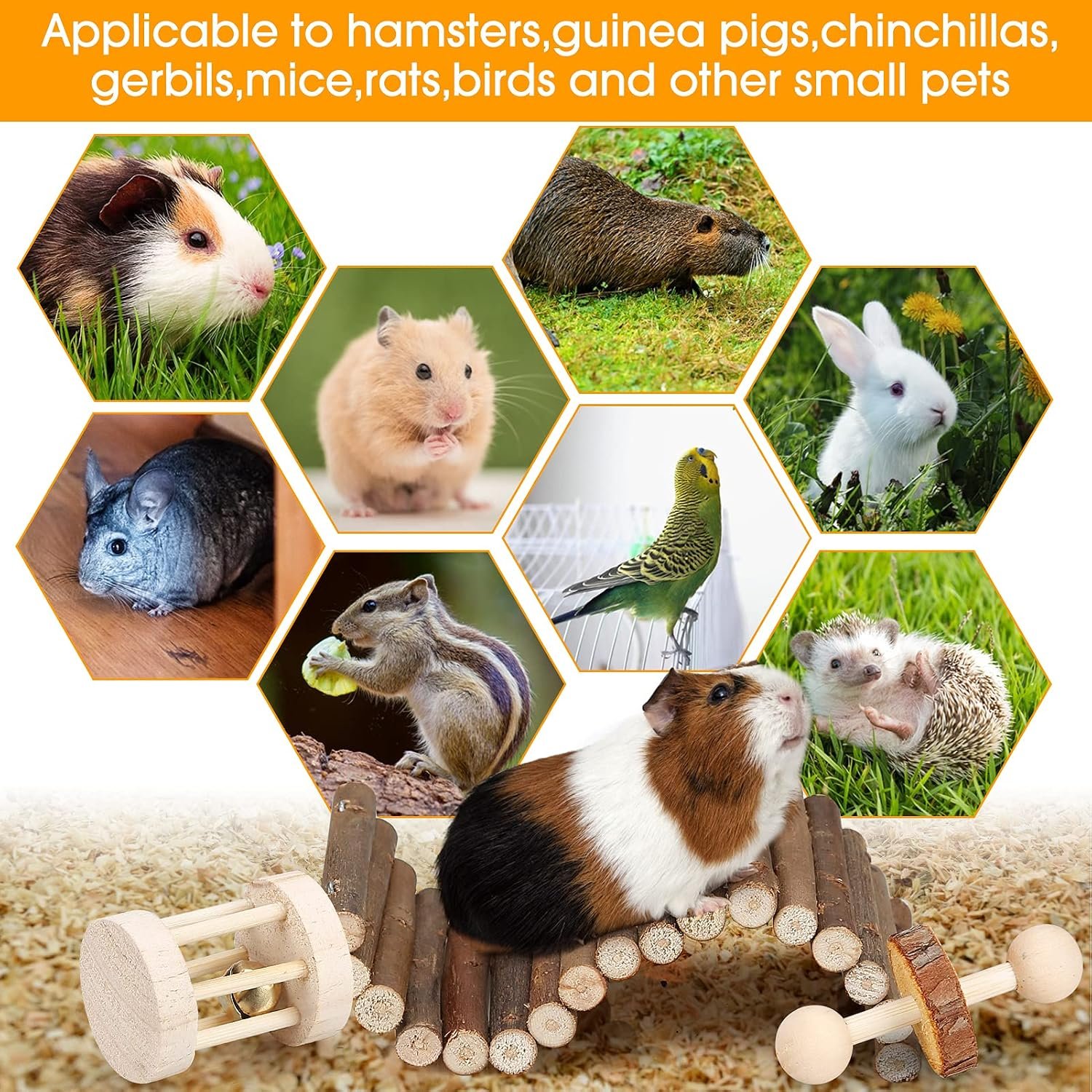 Hamster Chew Toys Set Small Animal Molar Toys Teeth Care Wooden Accessories for Guinea Pigs,Chinchillas,Gerbils,Mice,Rats,Mouse Rodents Toy Swing Seesaw Bridge (Wood) - Image 4