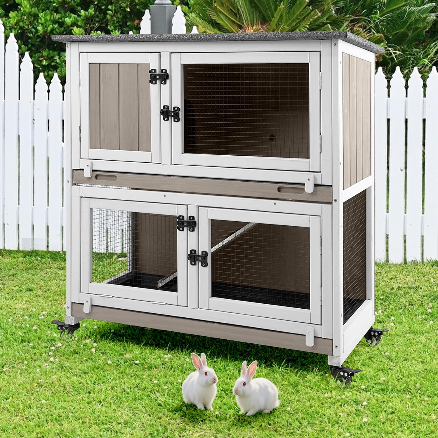 2 Story Rabbit Hutch Indoor & Outdoor, Wooden Rabbit Cage with 2 Leak-Proof Pull-Out Trays, 4 Wheels, Ramp, Chew-Anti Metal Strip for Rabbit, Guinea Pig, Hamster (36" L x 17.8" W x 36.7" H) - Image 8