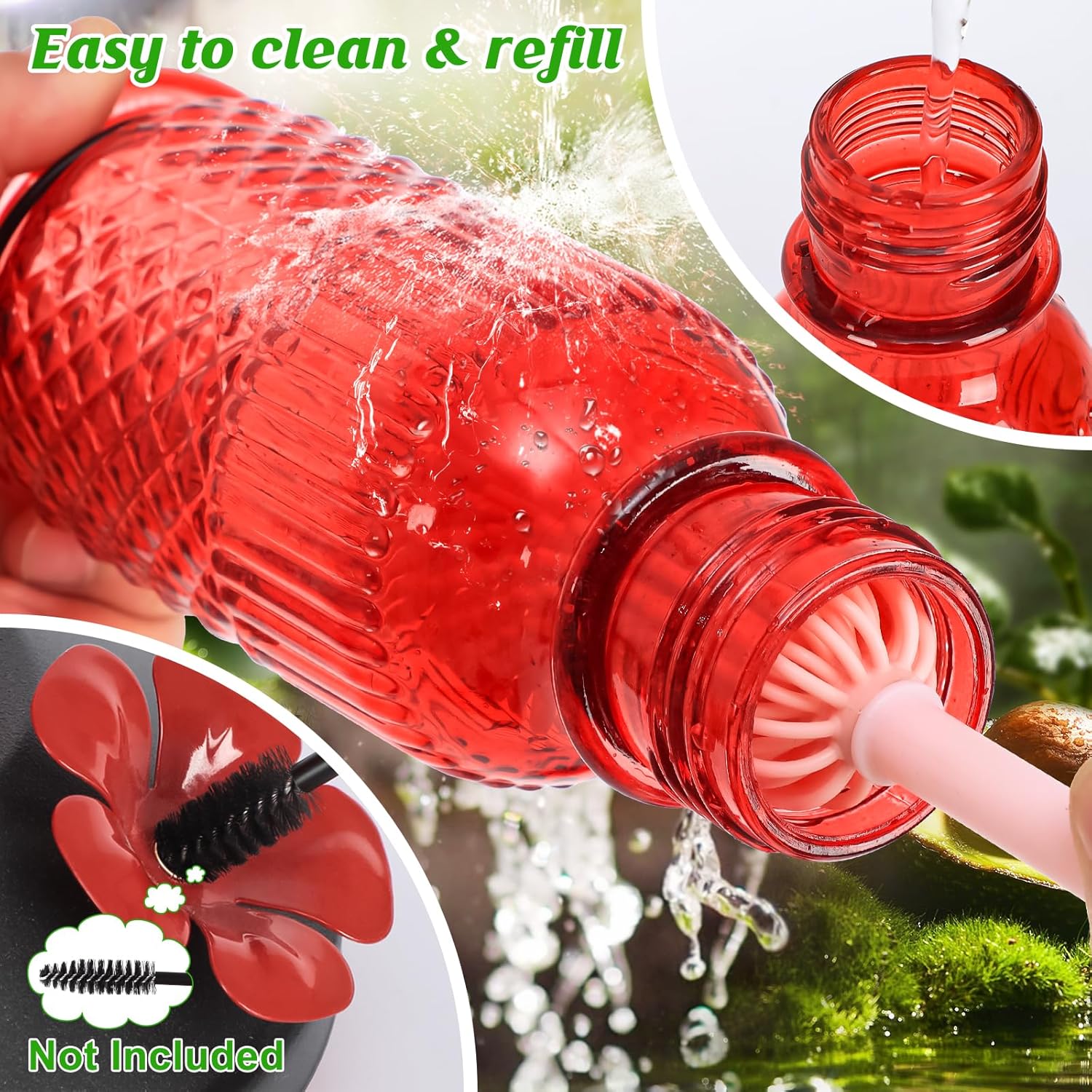 FEED GARDEN Glass Hummingbird Feeder for Outdoors Hanging, 16 oz Leak-Proof Nectar Feeder with Bee Guards & Ant Moat, 4 Metal Flower Feeding Ports, 360° Perch Ring, Easy Refill & Clean, Red - Image 5