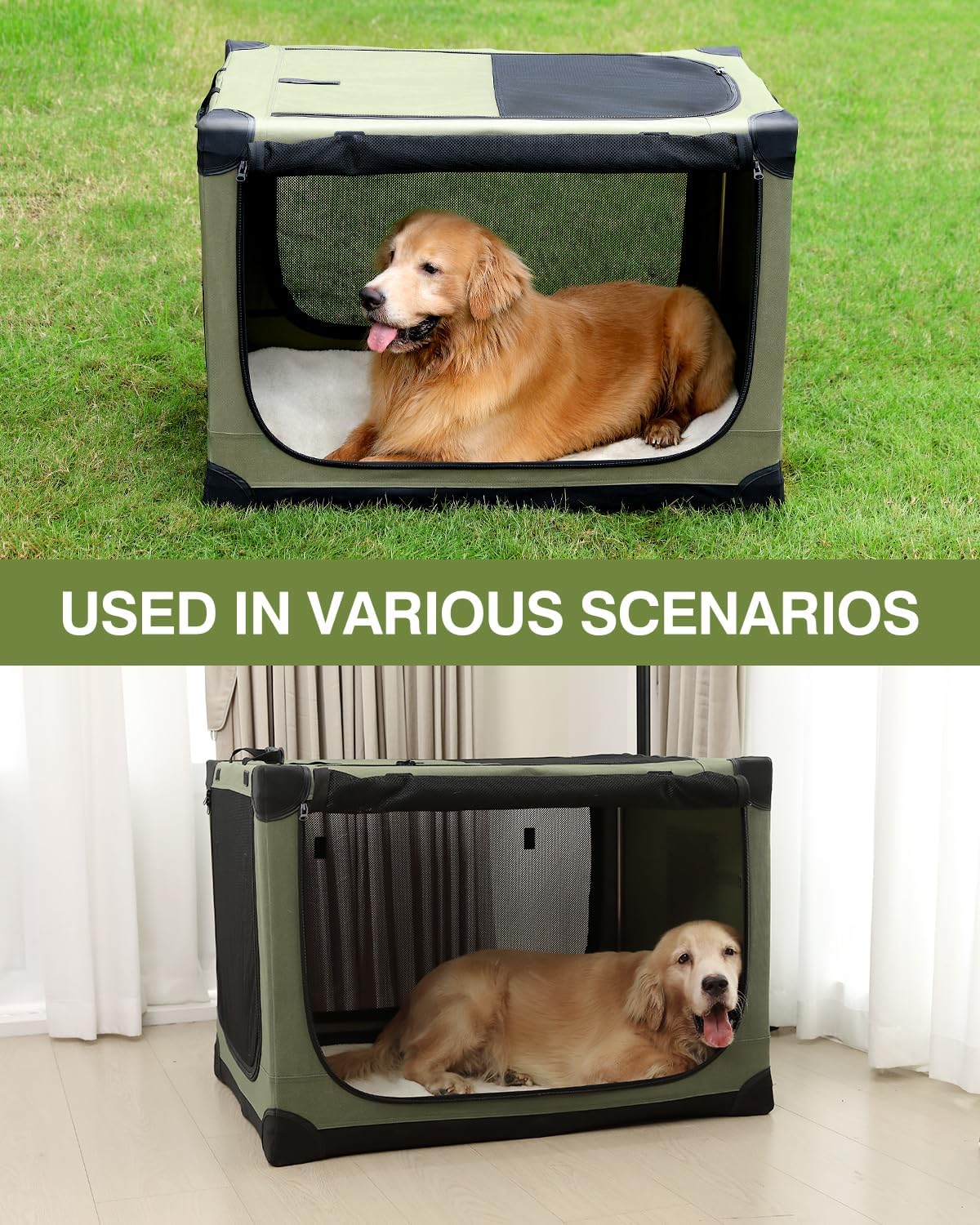 30 x 21 x 21 Inch Collapsible Soft Dog Crate for Dogs Up to 50 lbs, Portable Travel Pet Kennel with 4 Zip Doors, Foldable Indoor Outdoor Crate with Mat, Carry Bag, Green - Image 5