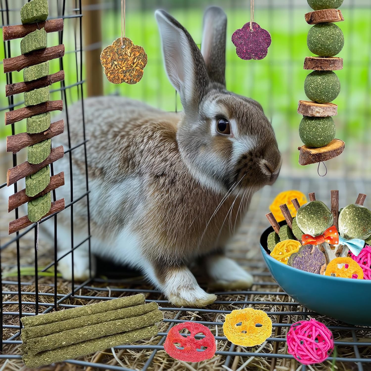Jorewood 21 Pcs Rabbit Chew Toys for Teeth, Natural Bunny Toys Peach Wood Grass Timothy Sticks Chew and Treat for Guinea Pigs Hamster Chinchillas and Other Small Pets - Image 6