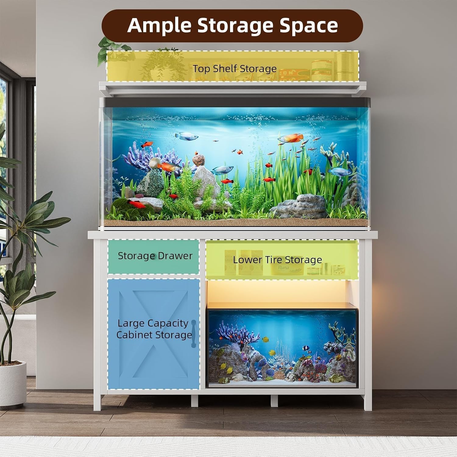 55-75 Gallon Fish Tank Stand with Power Outlet, Led Light, Heavy Duty Aquarium Stand with Cabinet for Fish Tank Accessories Storage, Shelf, for Turtle Tank, Reptile Terrarium, 1100 LBS (White) - Image 6