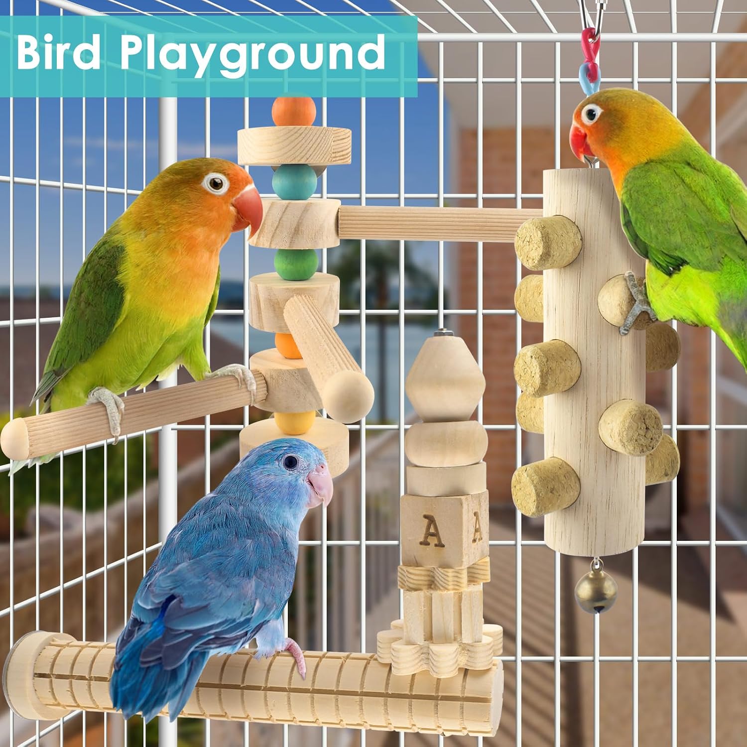 DBNESS 3pcs Natural Wood Bird Perch Toys, Rotating Perch Stand, L-Shaped Perches with Chew Block, Hanging Cork Stopper Toy, Birdcage Accessories for Small Medium Parrots Cockatiels Quaker Caique - Image 7