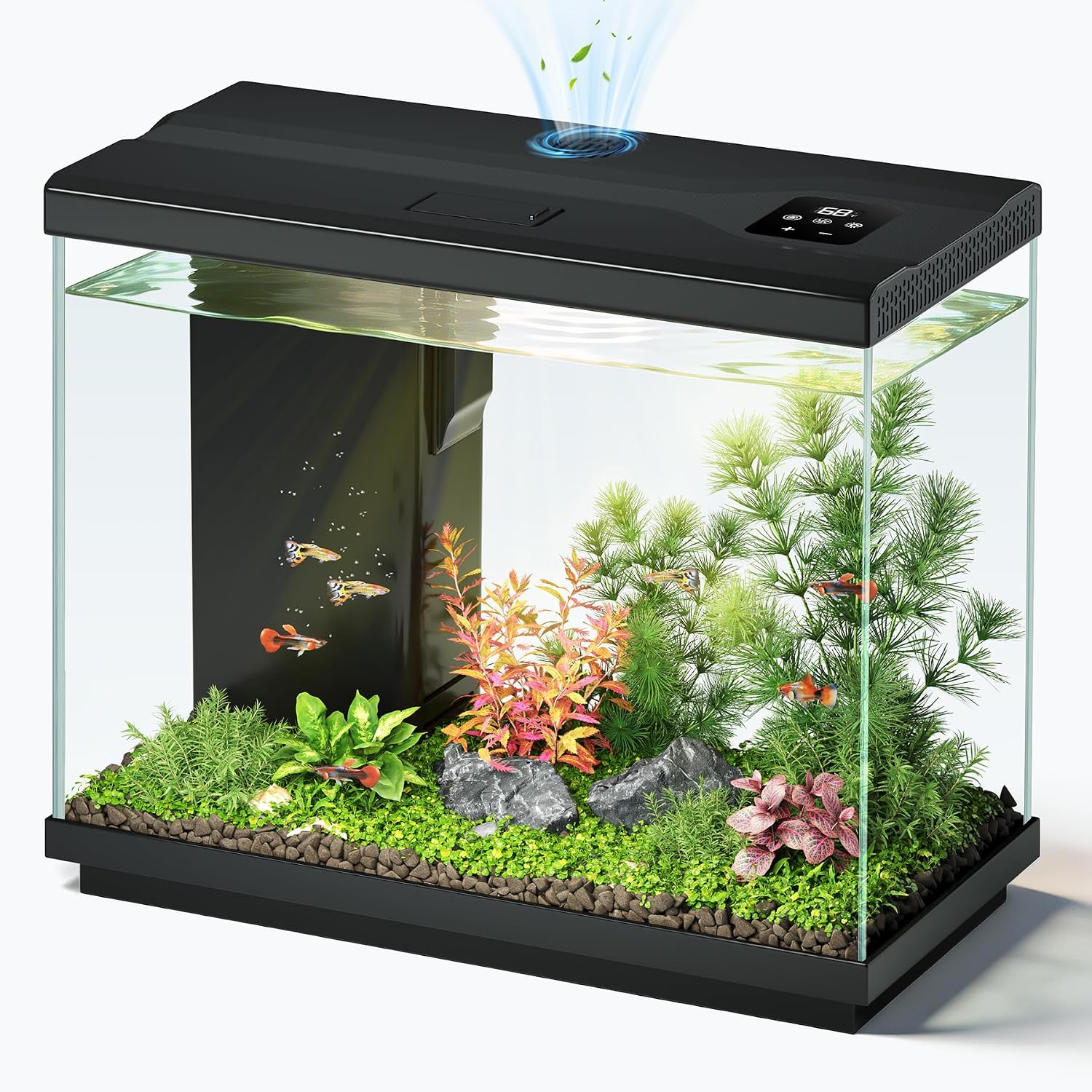 2.2 Gallon Small Fish Tank, Betta Fish Aquariums Black | with 4-in-1 Filter Pump, LED Light, Temperature Display, Fan & Surface Intake Design, for Home Office, Beginner Friendly