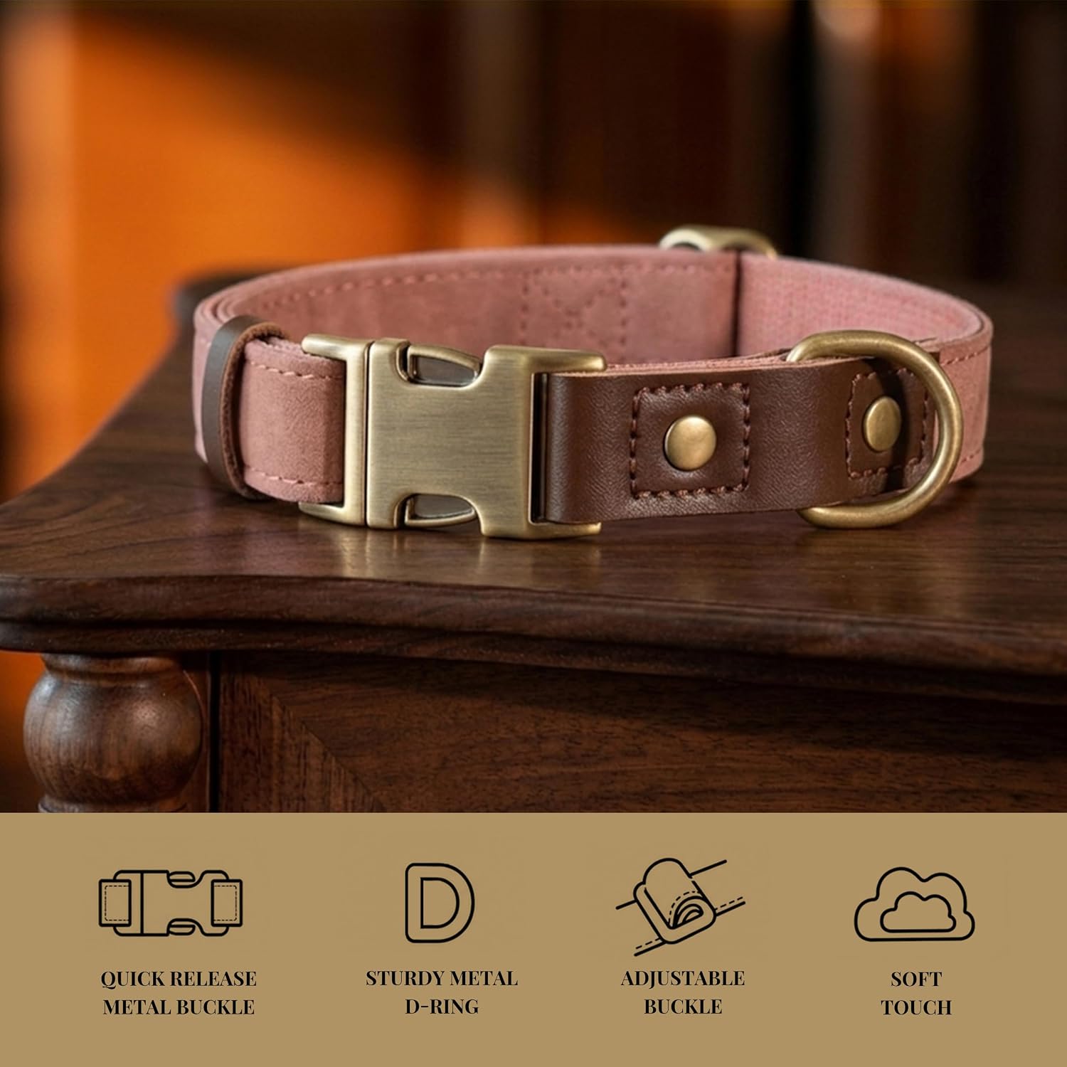 Didog Soft PU Leather Dog Collar for Large Dogs,Classic Adjustable Dog Collars with Quick Release Metal Buckle,Easy Clean and Comfortable with Nylon Lining,Pink,L Neck 16-23" - Image 4