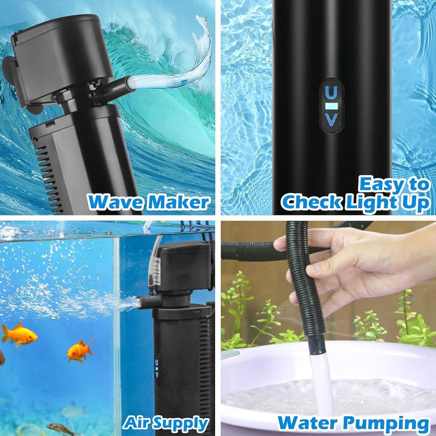 TARARIUM 20-75Gal U-V Aquarium Filter for Fish Turtle Tank, Auto-Timer Bulb | Bio Sponge+U-V Internal Filter, Clear Green Water, Green Killing, Aeration, Deodorize, Salt & Freshwater Crystal Clear,211GPH - Image 4