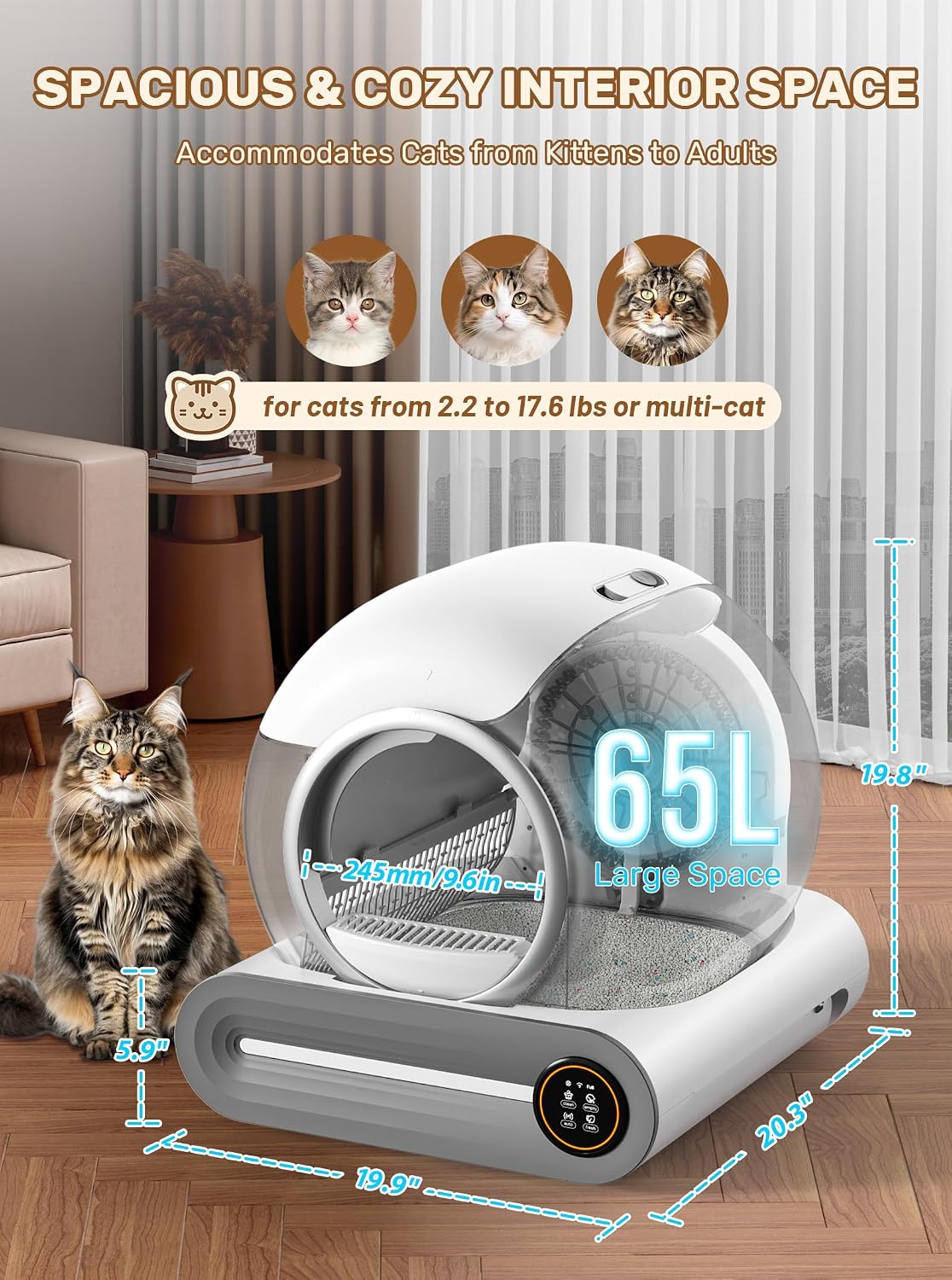 Automatic Litter Box, (2026) Multi-Function Upgrade Robot Self Cleaning Litter Box for Multiple Cats, 65L+9L Extra Large, APP Control, Deodorization, 3 Rolls Litter Bag Liners, 1 Odor Eliminator - Image 2