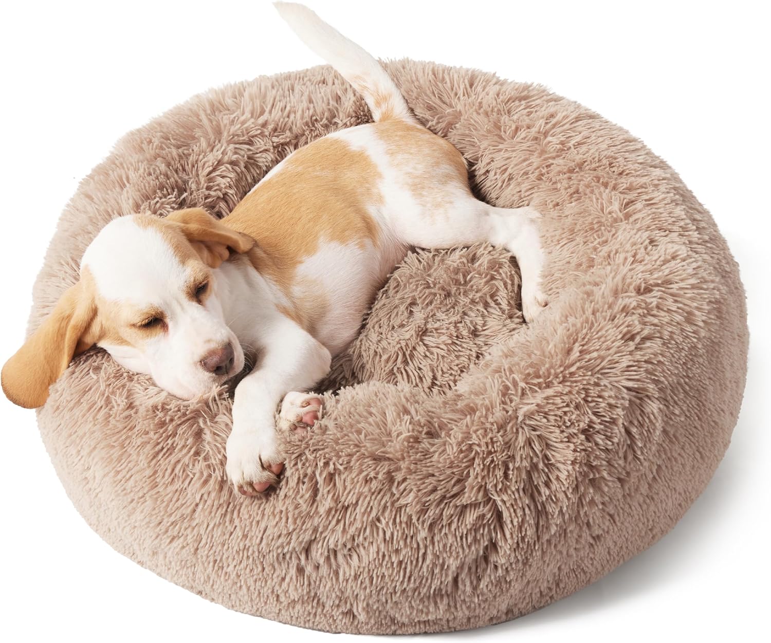 Bedsure Calming Small Dog Bed Donut Washable Cat&Puppy Bed,23 inches Camel | Fluffy Faux Fur Round Cuddler,Machine Washable,Anti-Slip Bottom,Anti-Anxiety,Deep Sleeping for Large Cat & Pets Up to 25 Lbs - Image 4