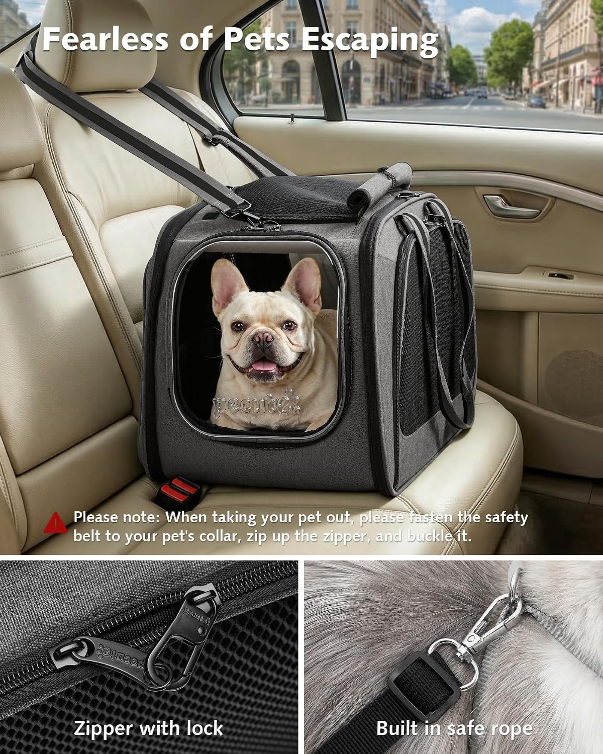 Pecute Cat Carrier with Bubble Window & Sunshade for Dogs Cats, Gray XL | Dual bubble windows & top sunshade, 70% more airflow mesh, Impact-resistant stable frame, Locking zippers, Fits up to 20 lbs - Image 6