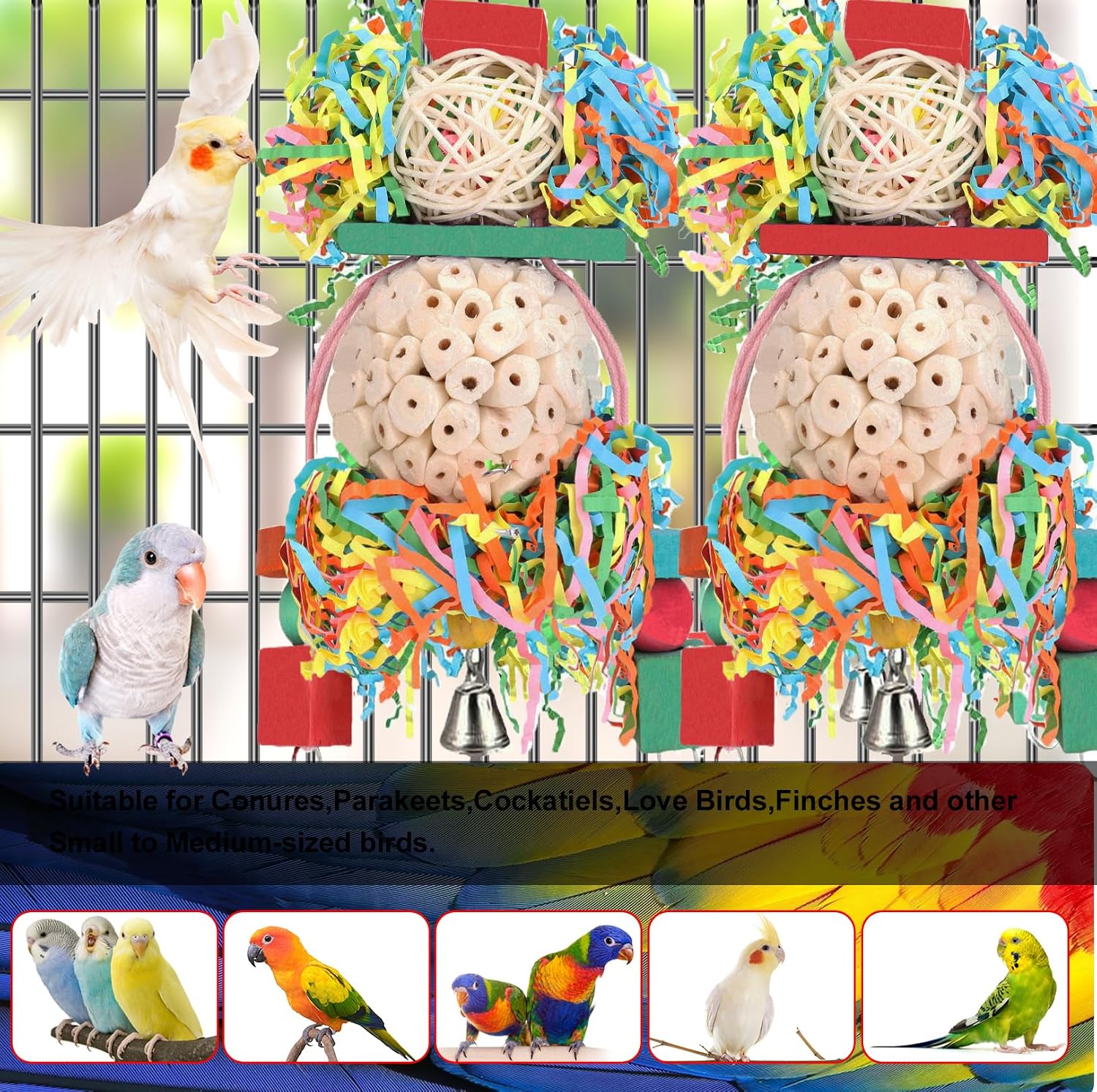 BBjinronjy Bird Toys,2PCS Hanging Natural Soft Sola Ball Beak Chew Shred Forage Toys for Parrots,Cockatiel,Conure,Love Birds,Parakeets,Budgie and Other Small Birds - Image 3