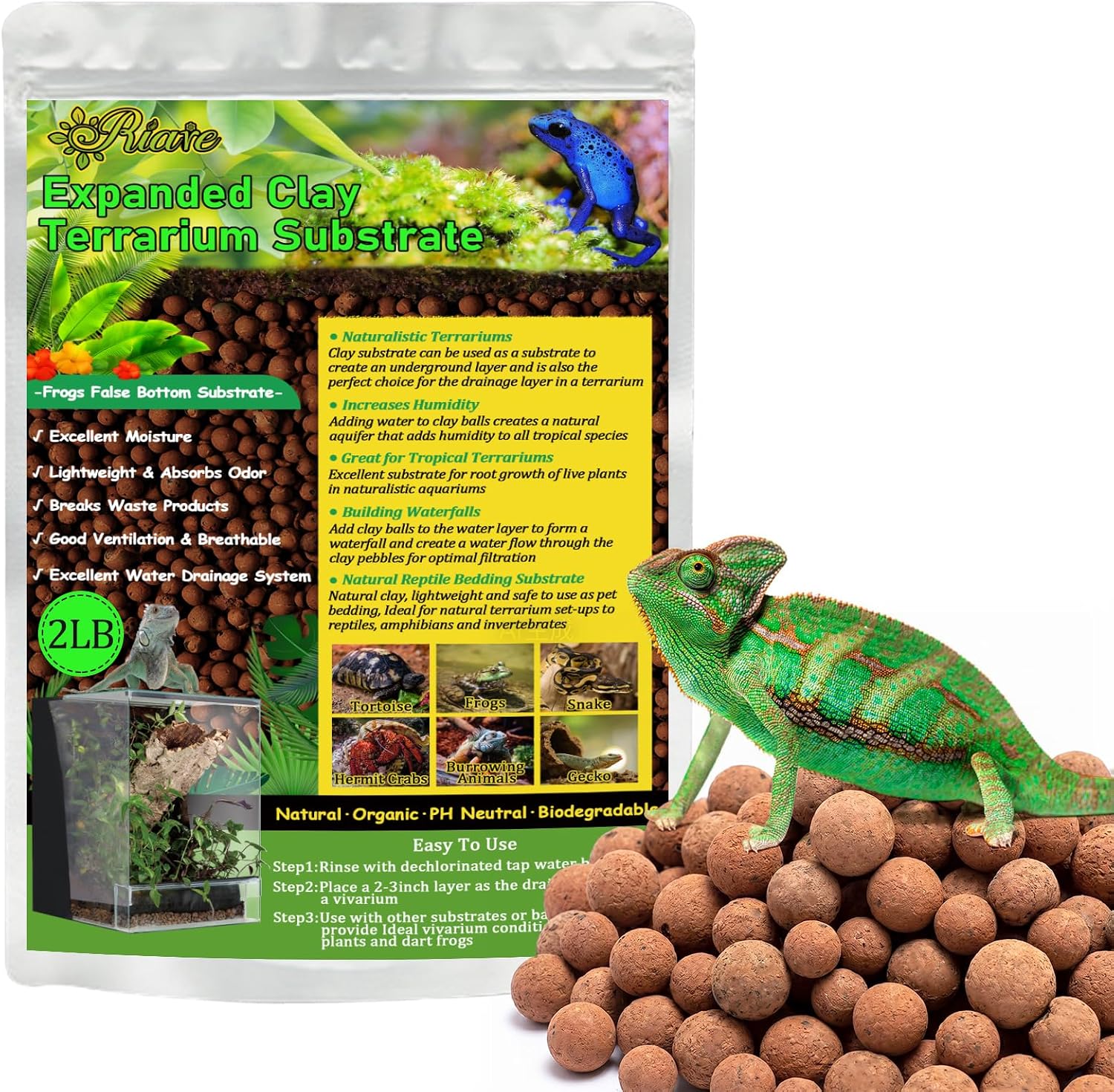 Riare 2LBS Expanded Clay Balls Terrarium Substrate for Reptiles - 100% Organic Lightweight Clay Pebbles Substrate Frogs False Bottom Substrate, Bioactive Terrarium Substrate for Drainage and Moisture