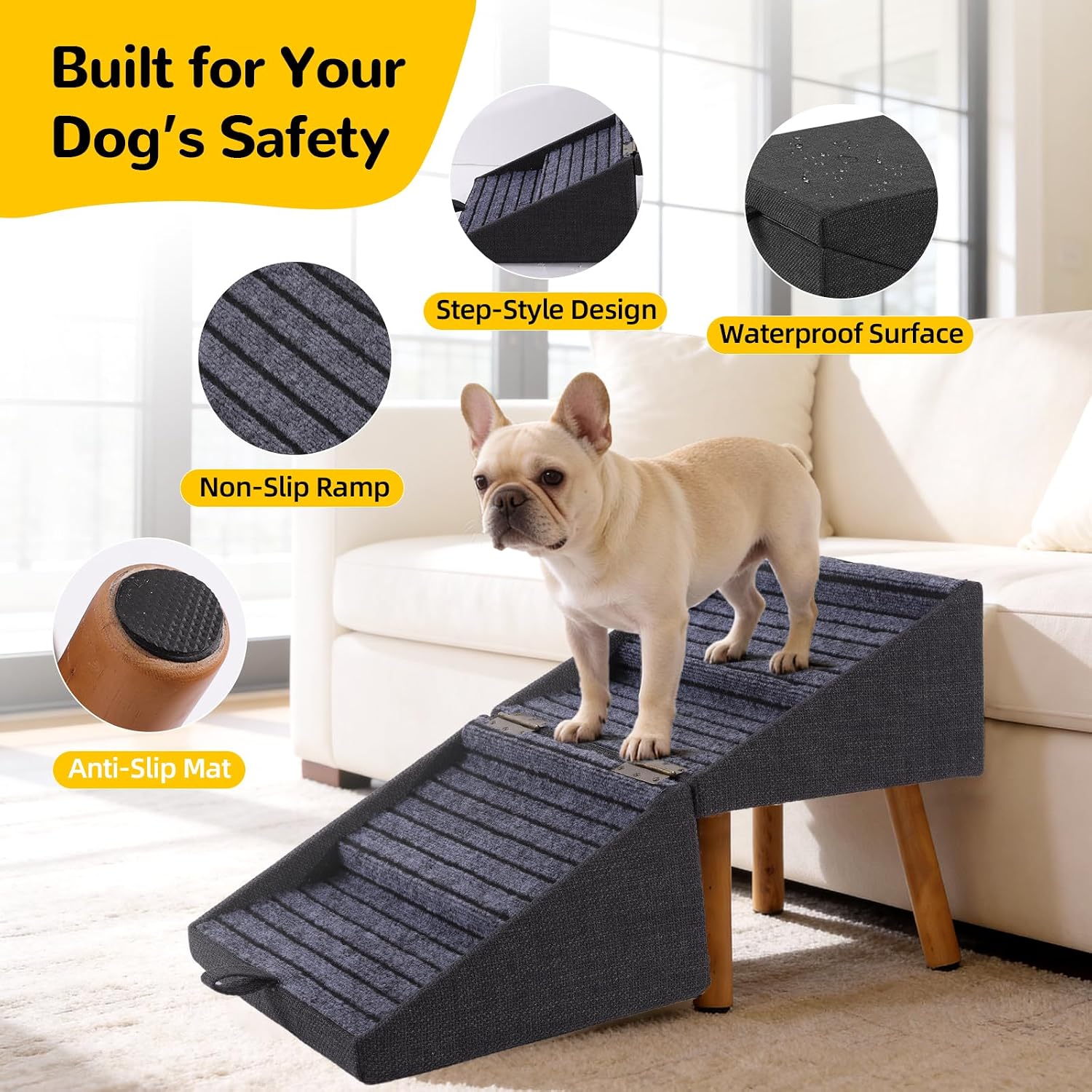 2-in-1 Foldable Dog Stairs & Ottoman, Non-Slip Pet Steps for Small Dogs | wooden dog ramp , foldable space-saving design, ideal for puppies senior & injured pets, helps dogs easily reach couch - Image 4