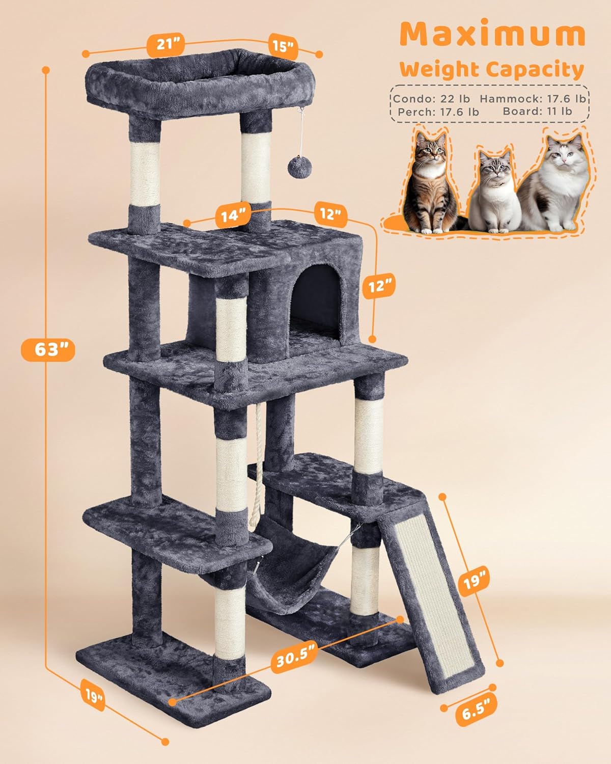 Yaheetech 63in Large Cat Tree for Heavy Cats up to 22lbs, Anti-Wobble Tower with Condo & Hammock, Space-Saving for Indoor Multi-Pet Households, Stops Furniture Scratching - Image 4