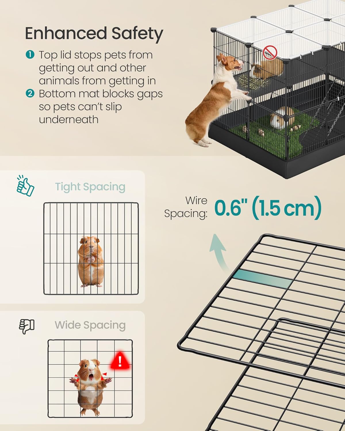 SONGMICS 2-Tier Guinea Pig Cage, Rabbit Cage, Small Animal Playpen with Waterproof Mat, Top and Side Door, 35 Panels, 36.6 x 24.8 x 24.2 Inches, Ink Black ULPI016BH01 - Image 4