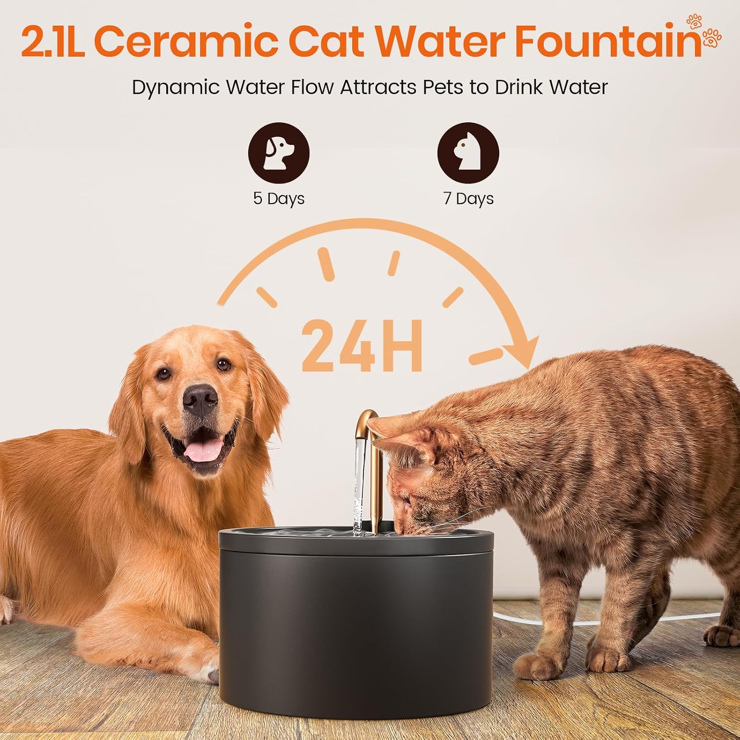 MISFANS Ceramic Cat Water Fountain - 2.1L/71oz - All-Ceramic Body & Pure Copper Water Spout - Non-Toxic - Automatic Pet Drinking Fountain Indoor with Ultra-Quiet Pump, and 3Pcs Filter & Sponge (Black) - Image 5