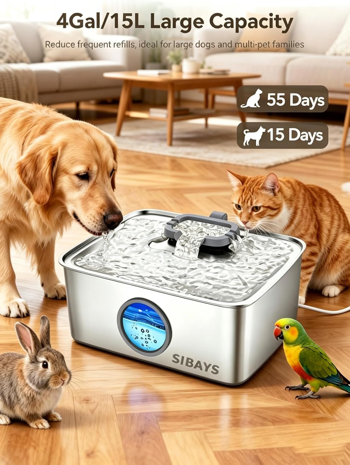 SIBAYS 4Gal/15L Dog Water Fountain, Stainless Steel Large Capacity Pet Water Fountain with Water Level LED Light, Automatic Quiet Dog Water Bowl Dispenser for Large Dogs & Multi-Pet Easy to Clean FS79 - Image 2