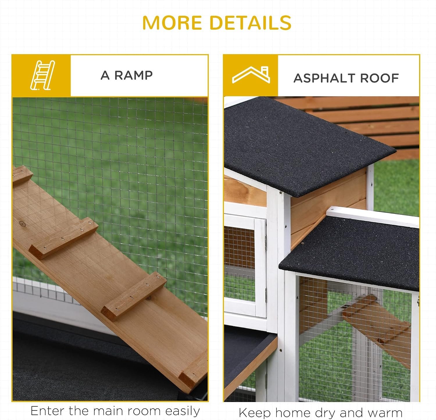 PawHut 62" Rabbit Hutch, Wooden Bunny Hutch, Guinea Pig Cage, Small Animal Enclosure with Run Area, Removable Tray, Asphalt Roof, Lockable Doors and Ramp, Nature Wood | Wooden Bunny Hutch, Guinea Pig Cage, Small Animal Enclosure, Removable Tray, Asphalt Roof, Lockable Doors, Ramp for Ducks - Image 6