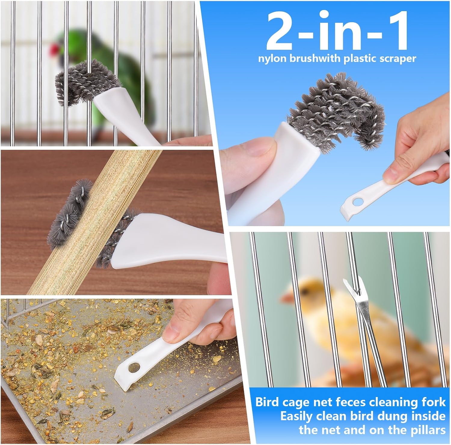 XANGNIER Bird Cage Cleaner Brush Kit,Bird Poop Remover Cleaning Tools Set Accessories for Small,Medium,Large,Tall,Stainless Steel,Parakeet,Budgie,African Grey Parrot,Cockatoo Birds Cage Accessories - Image 5