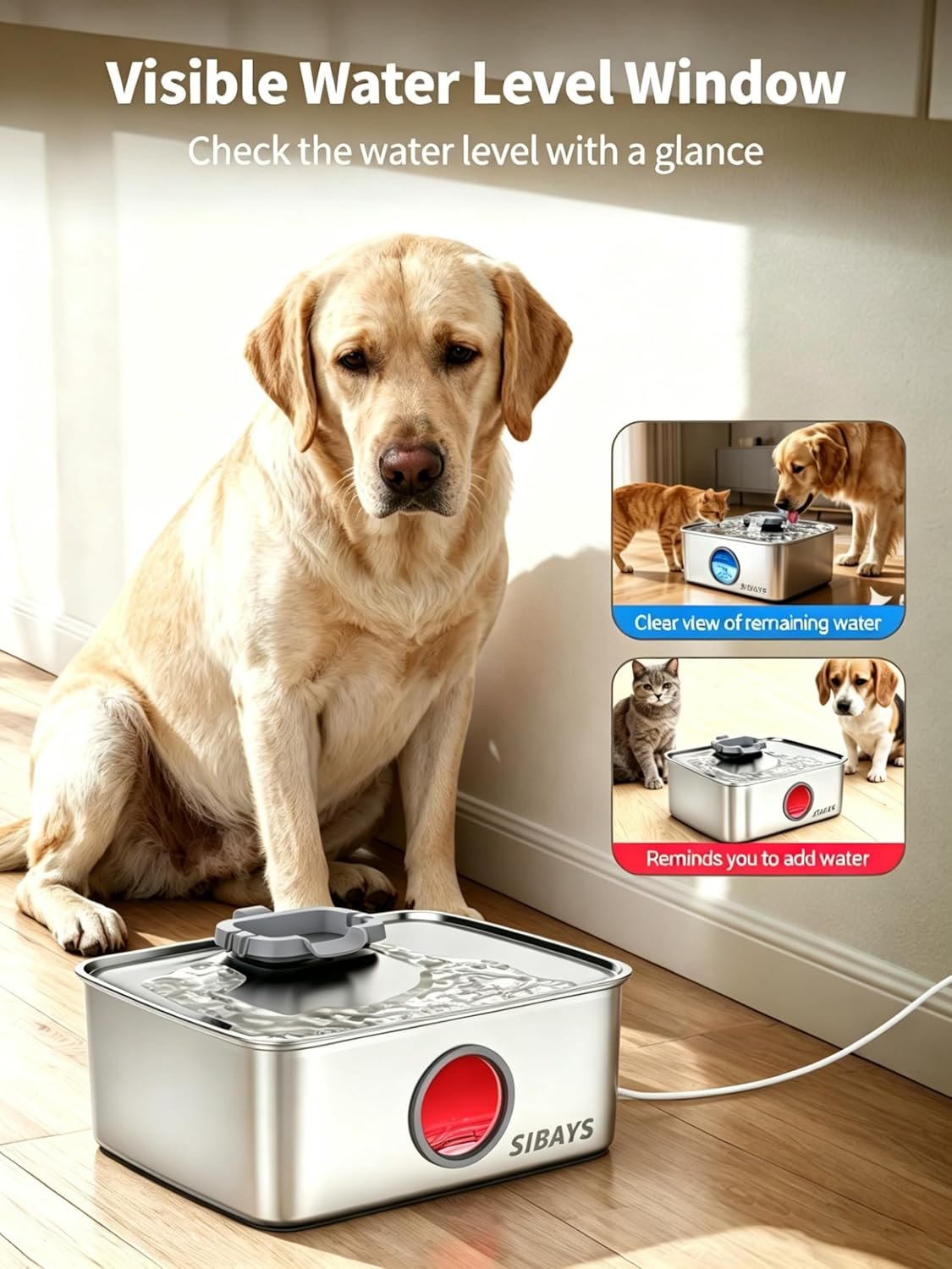 SIBAYS 4Gal/15L Dog Water Fountain, Stainless Steel Large Capacity Pet Water Fountain with Water Level LED Light, Automatic Quiet Dog Water Bowl Dispenser for Large Dogs & Multi-Pet Easy to Clean FS79 - Image 6