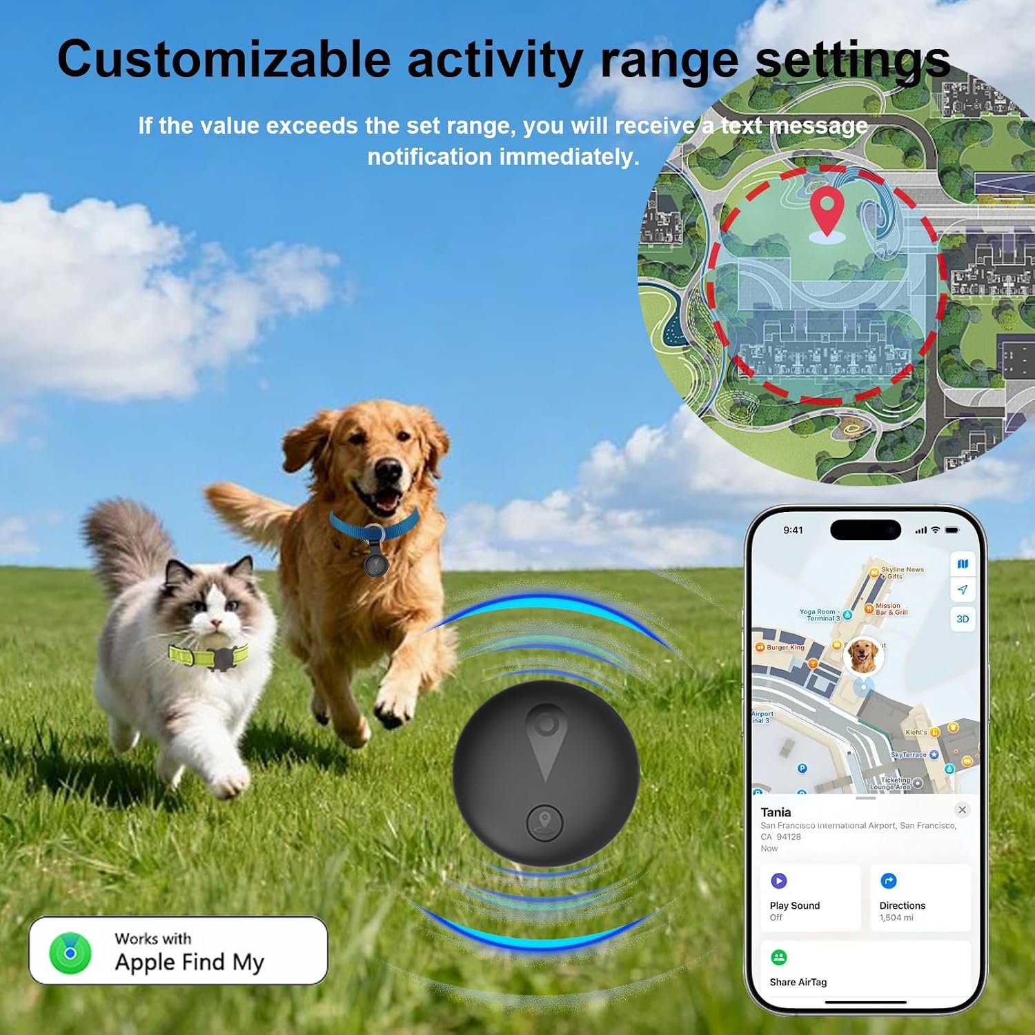 Pet GPS Tracker for Dogs,Mini Collar Location Trackers for Cats(Compatible with iOS Locate),No Monthly Fee Subscription,IP68 Waterproof Real-Time Global Location Tracking Anti-Lost Device-Black - Image 3