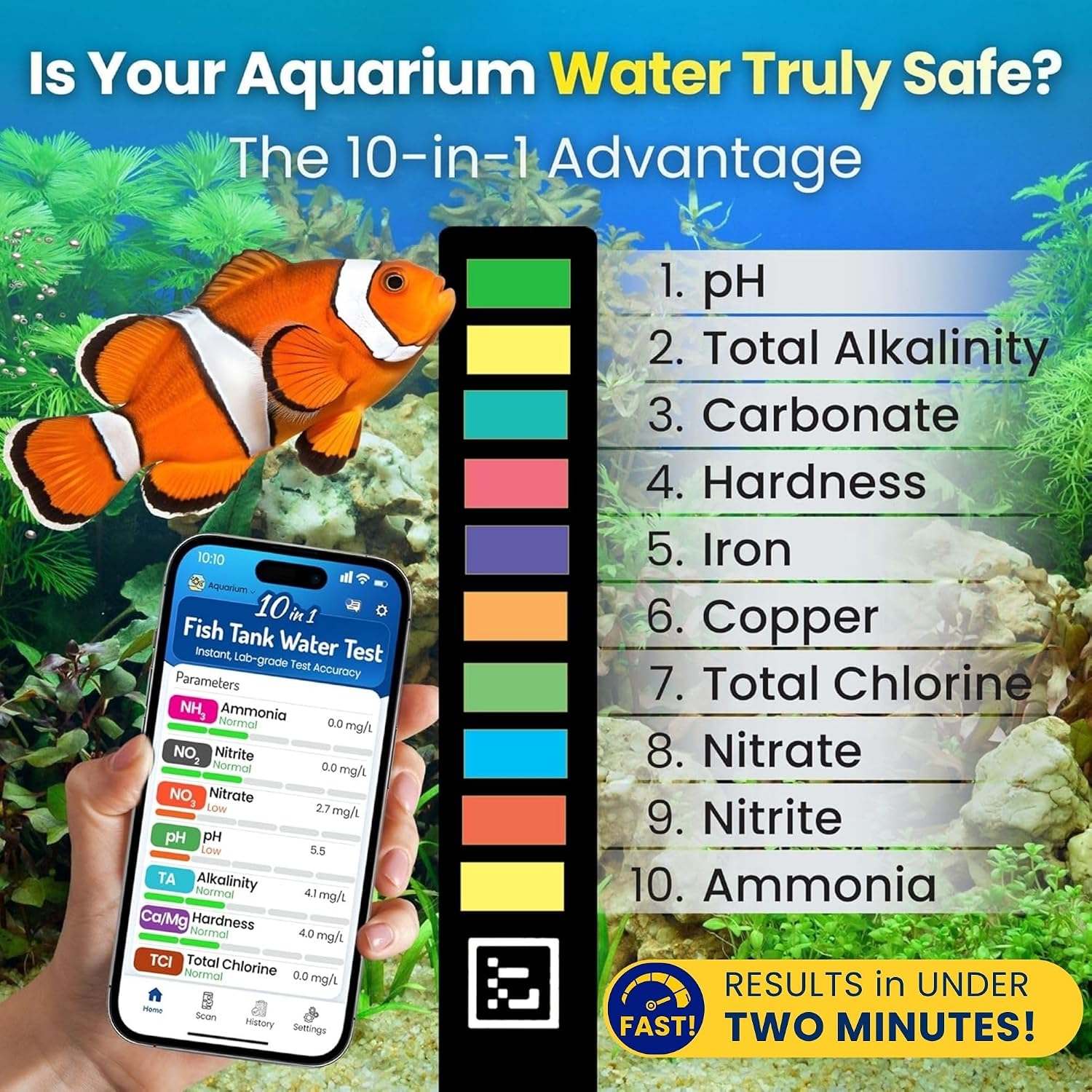Digital Aquarium Water Test Kit, App-Enabled 10-in-1 Freshwater & Saltwater Aquarium Test Strips for Fish Tanks, Shrimp, Reef Test Strips, pH, Ammonia, Nitrate, Nitrite, GH, KH, Chlorine - Image 3