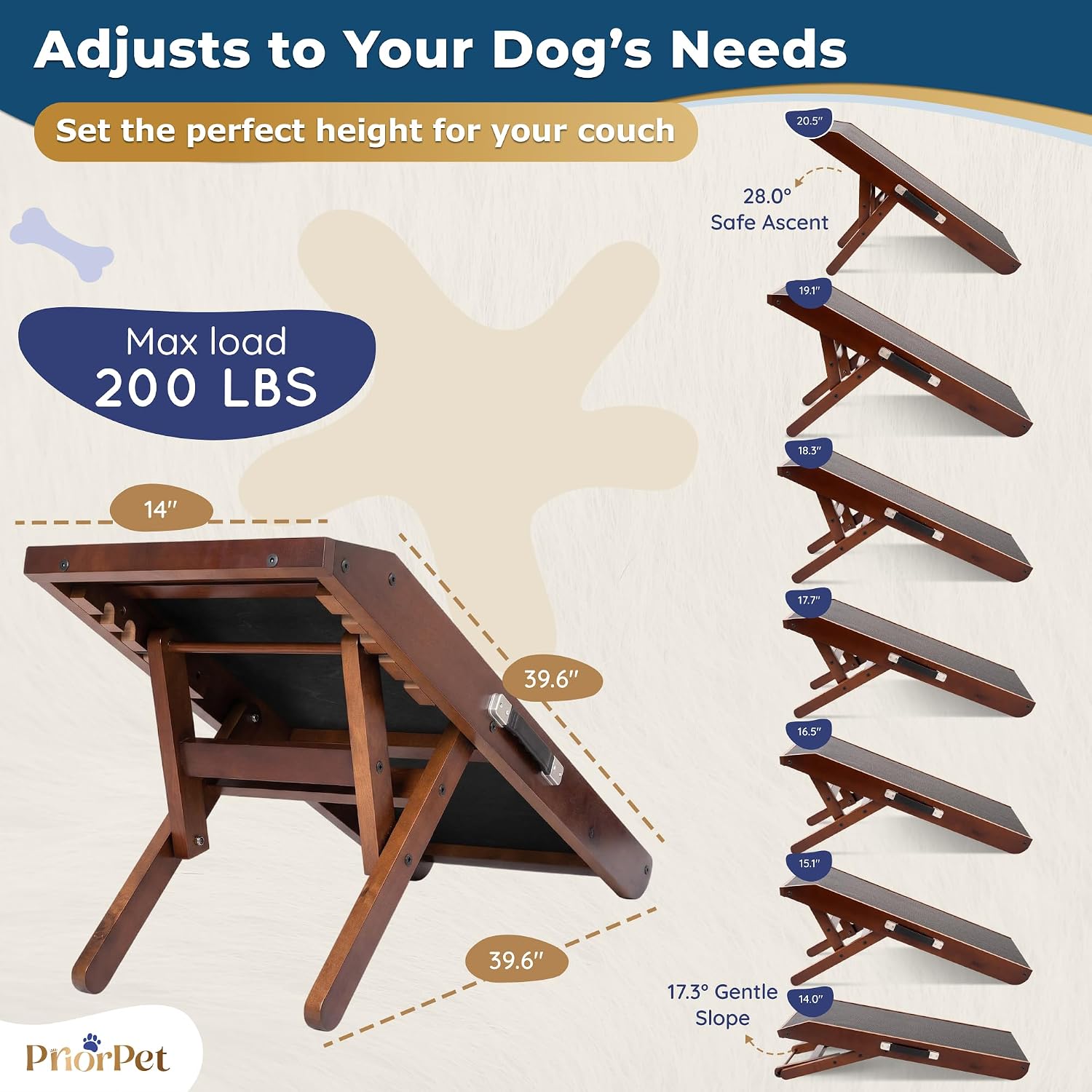 Dog Ramp for Couch – Non-Slip, Sturdy Build Foldable Wooden Dog Ramp – Supports up to 200 lbs – 7 Adjustable Heights (14"–20.5") – Enhanced Stability – Birchwood Pet Ramp for Small Dogs – Walnut - Image 5