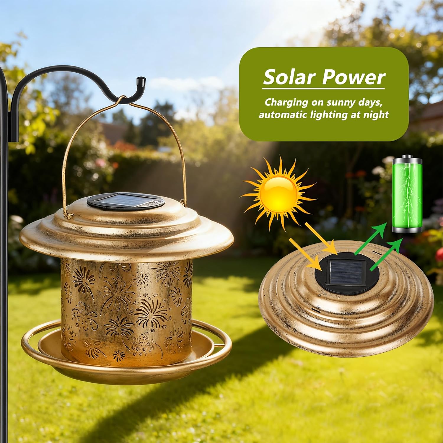 Solar Bird Feeders for Outdoors, Weatherproof Metal Bird Feeder, Outside Hanging Birdfeeder Lantern with Flowers Pattern for Courtyard Garden Decoration - Image 3