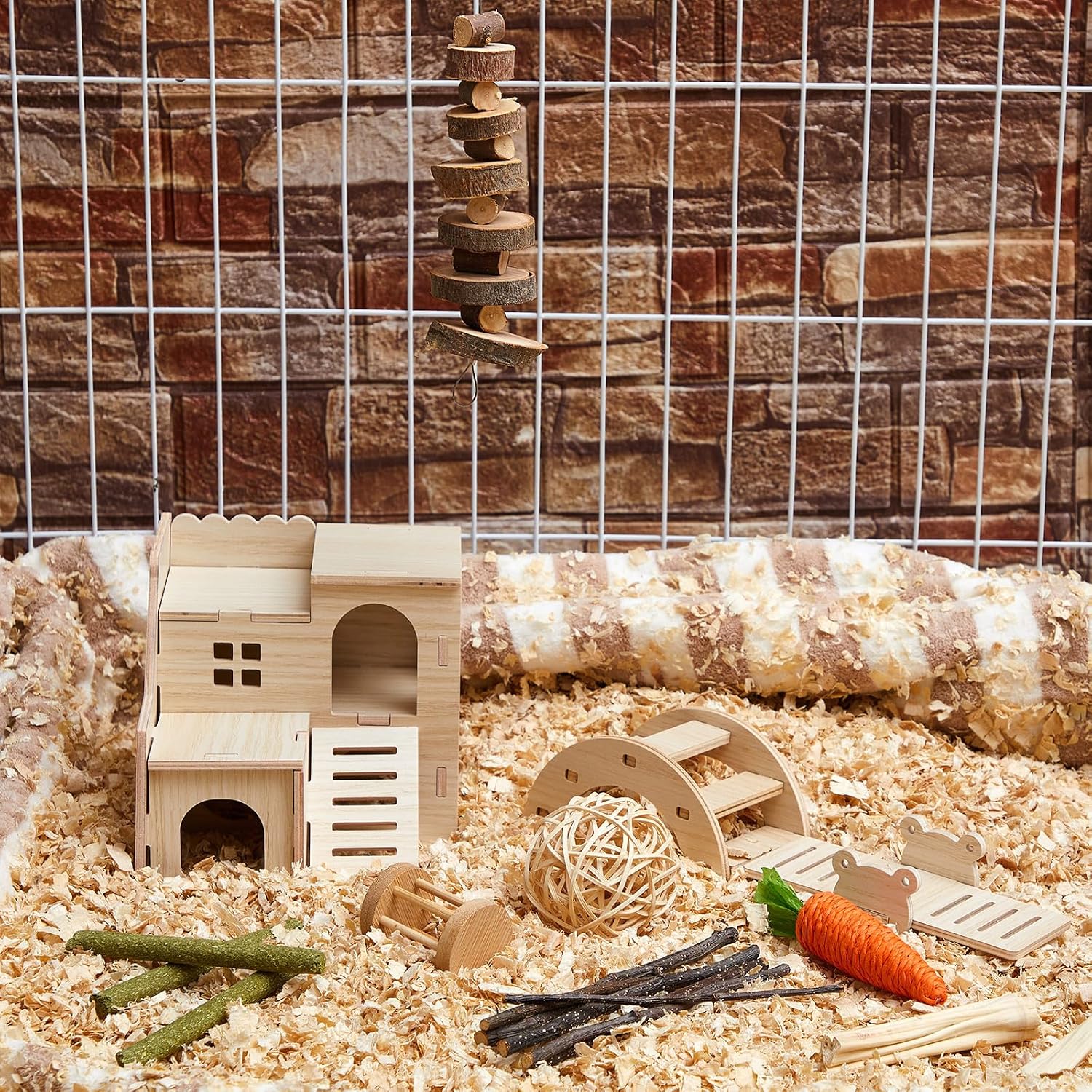 8 Pcs Hamster Cage Accessories Hamster Starter Kit with Maze Wood House, Bridge, Seesaw, Chew Toys Set for Gerbils and Mice Small Animals Habitat Supplies(Classic Villa) - Image 3
