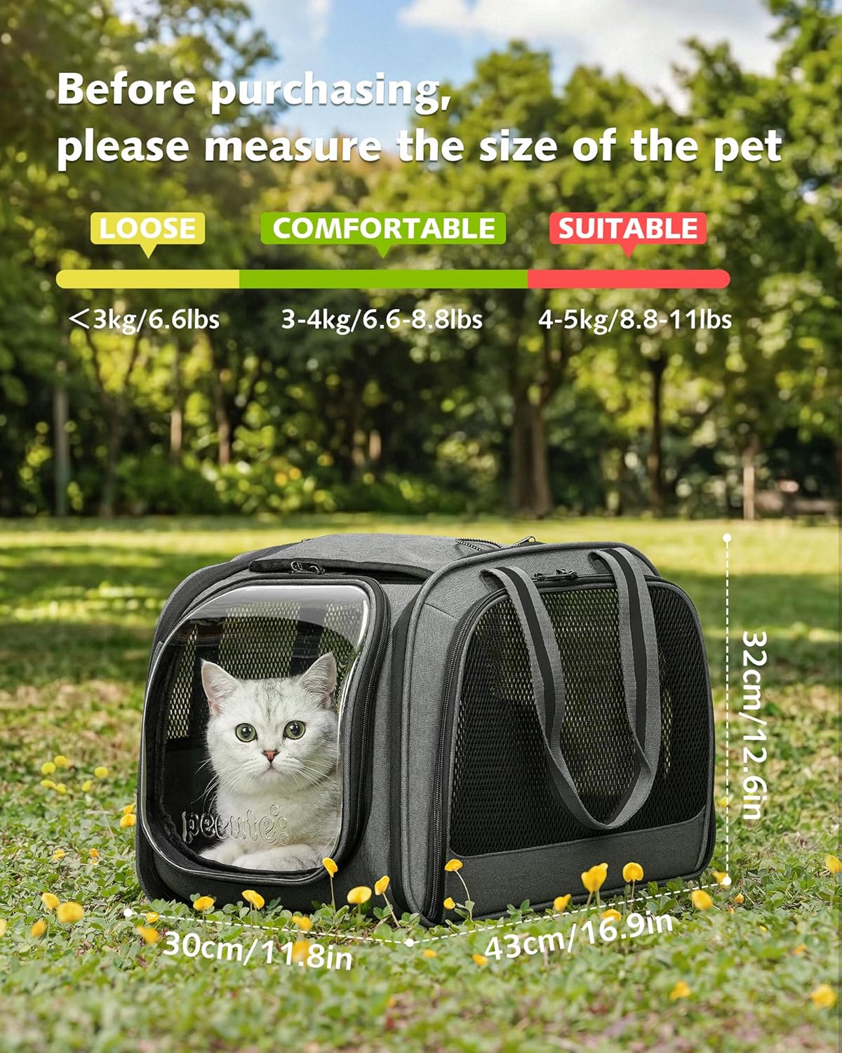 Pecute Cat Carrier with Bubble Window & Sunshade for Dogs Cats, Gray M | Dual bubble windows & top sunshade, 70% more airflow mesh, Impact-resistant stable frame, Locking zippers, Fits up to 11 lbs - Image 2