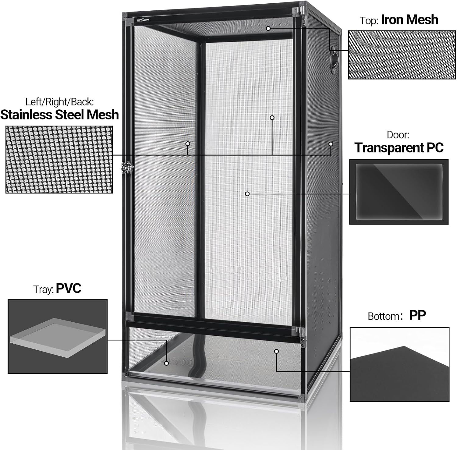 REPTI ZOO 18" x 18" x 36" Reptile Tank, Deluxe Foldable Screen Cage, 50 Gallon Vertical Terrarium with Fogger & Cable Pass, Tall Enclosure for Chameleon, Tree Frog, Crested Gecko, Arboreal Reptiles - Image 5