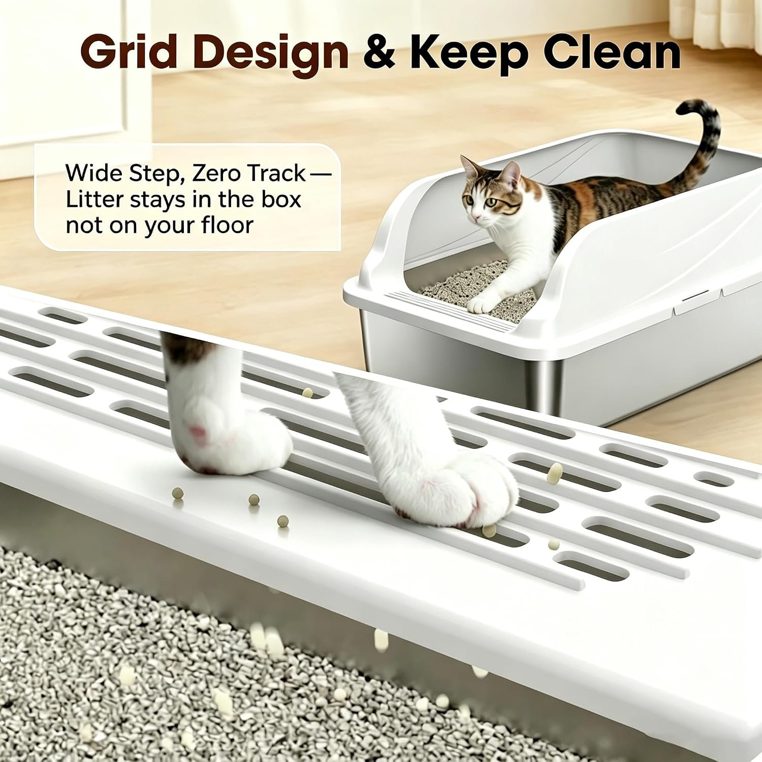 2-Pack Stainless Steel Litter Box Large Easy Clean 2-Scoop Included | Anti-Tracking Step, Odor-Resistant, Rust-Proof, Scratch-Resistant, Non-Slip Pads, Easy Clean, Rolled Safety Edges, Non-slip - Image 5