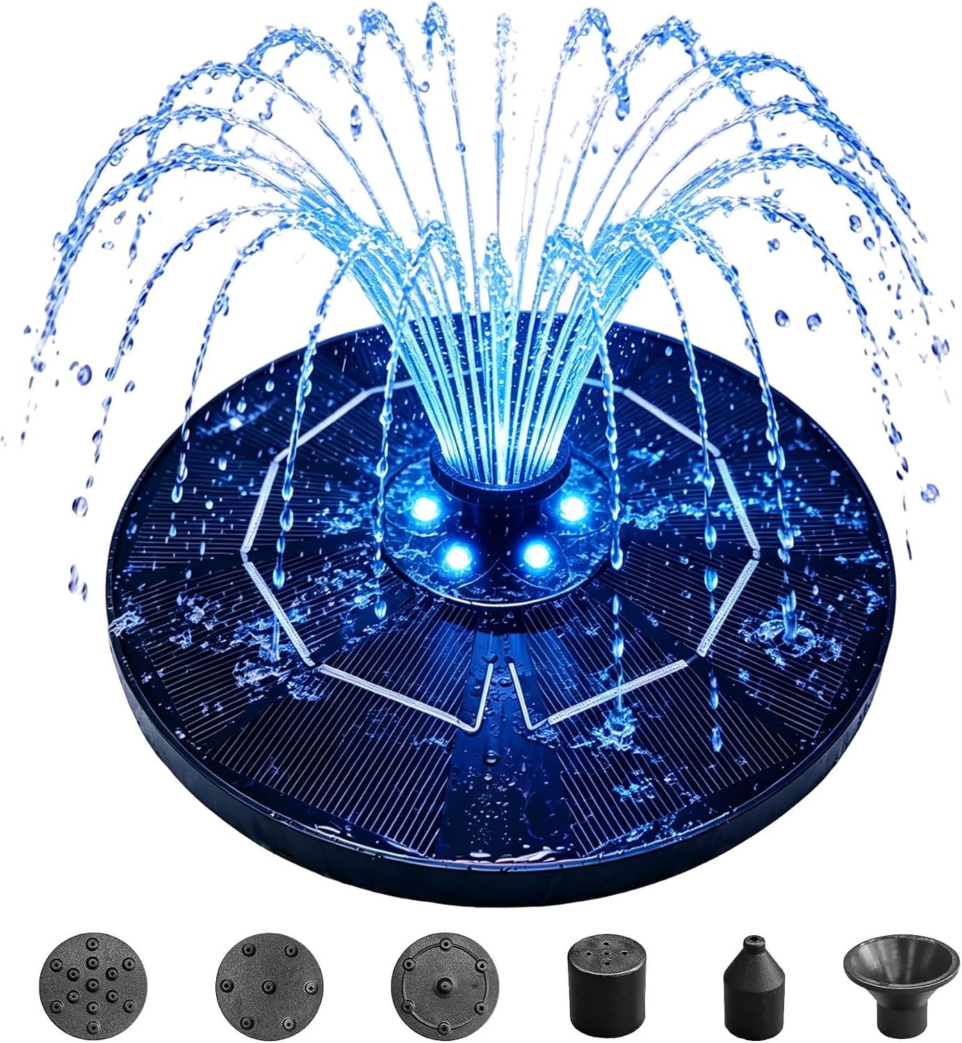 6.3" Solar Bird Bath Fountain with Color LED Lights | 9V/2W Solar Fountain Pump, 800mAh Battery Backup, 4 Fixed Rods 5 Spray Patterns for Birdbath Pond Patio Flowing Water Feature